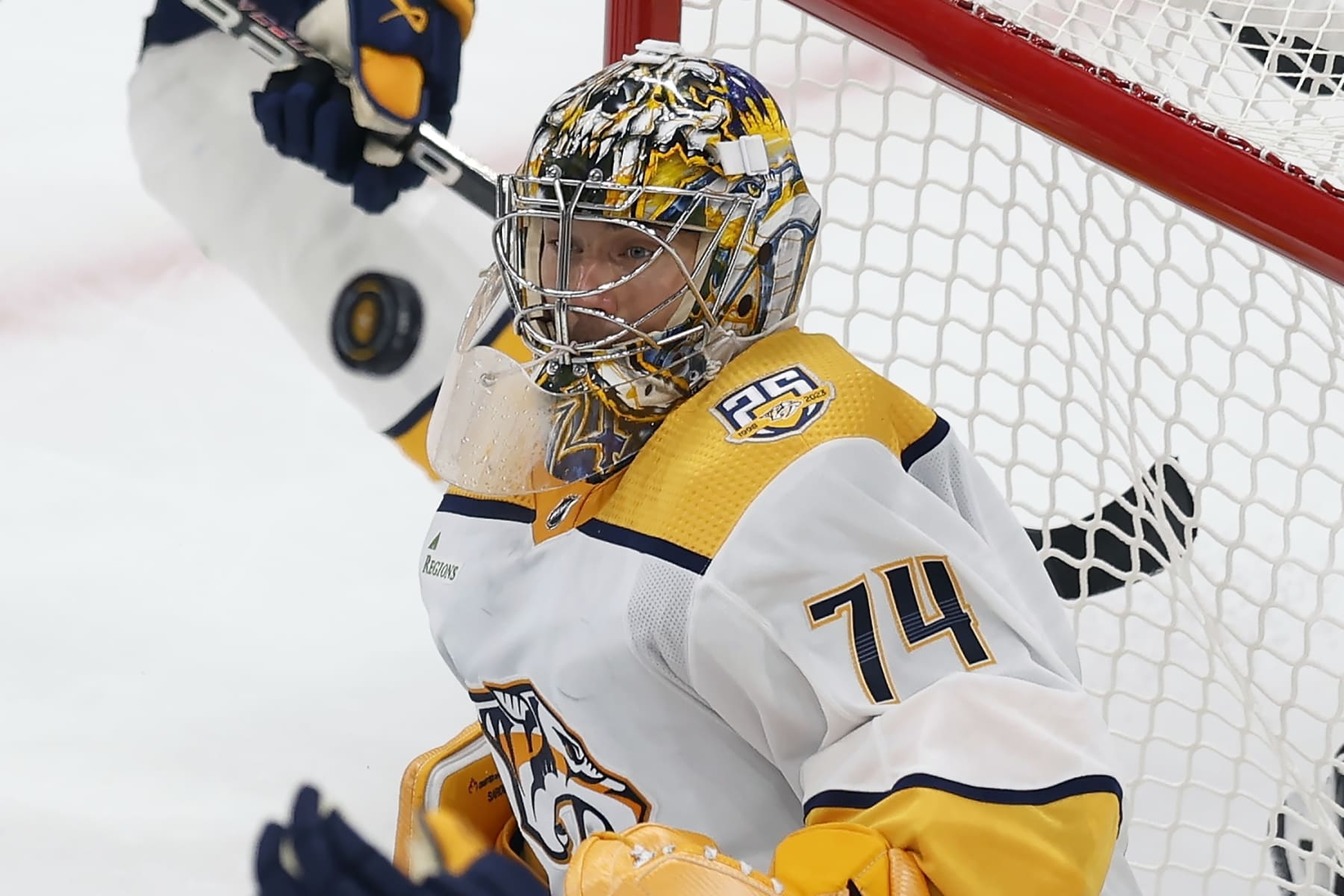 Nashville Predators' Juuse Saros watches the puck during the third period of an NHL hockey game against the Boston Bruins, Saturday, Oct. 14, 2023, in Boston. (AP Photo/Michael Dwyer)