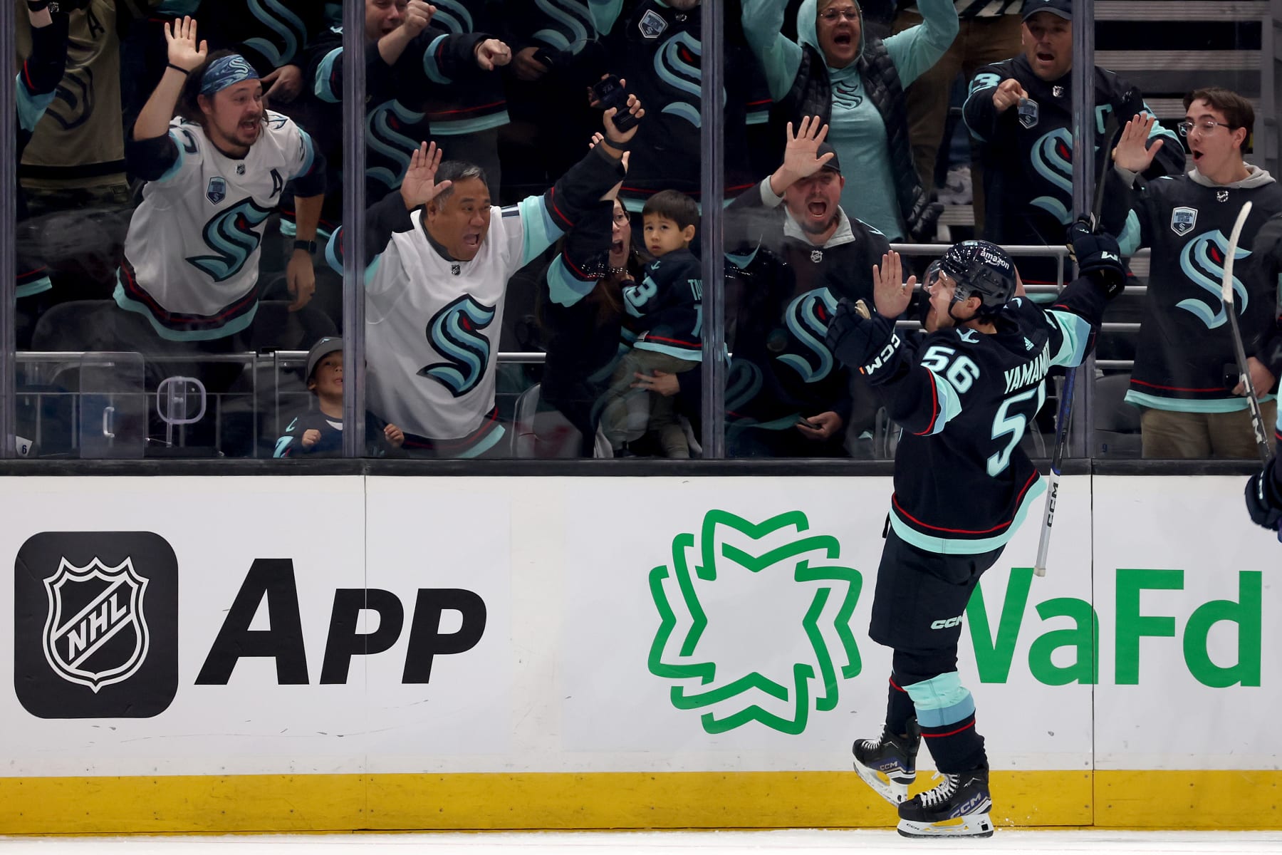 SEATTLE, WASHINGTON - OCTOBER 17: Kailer Yamamoto #56 of the Seattle Kraken celebrates his goal against the Colorado Avalanche during the first period at Climate Pledge Arena on October 17, 2023 in Seattle, Washington. (Photo by Steph Chambers/Getty Images)