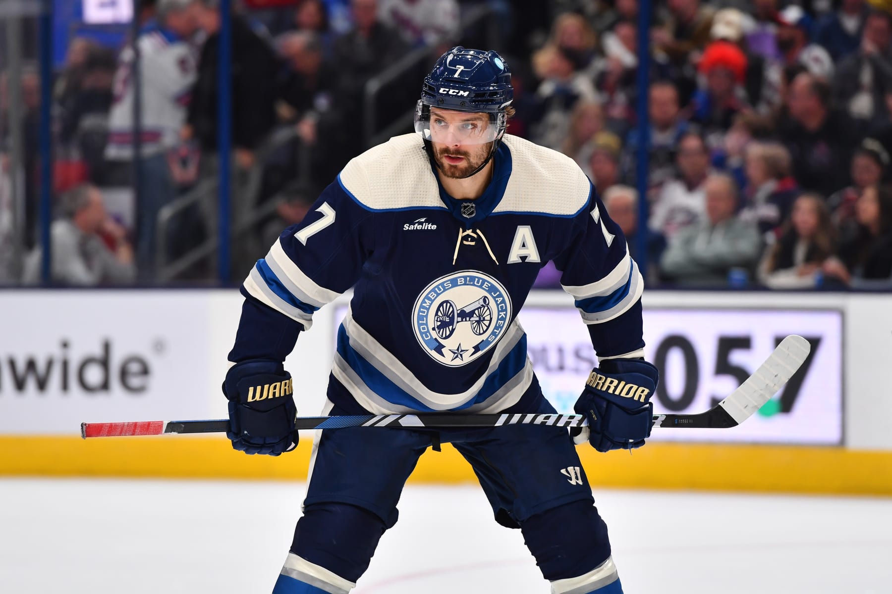 COLUMBUS, OHIO - OCTOBER 14: Sean Kuraly #7 of the Columbus Blue Jackets lines up prior to a face-off during the second period of a game against the New York Rangers at Nationwide Arena on October 14, 2023 in Columbus, Ohio. (Photo by Ben Jackson/NHLI via Getty Images)