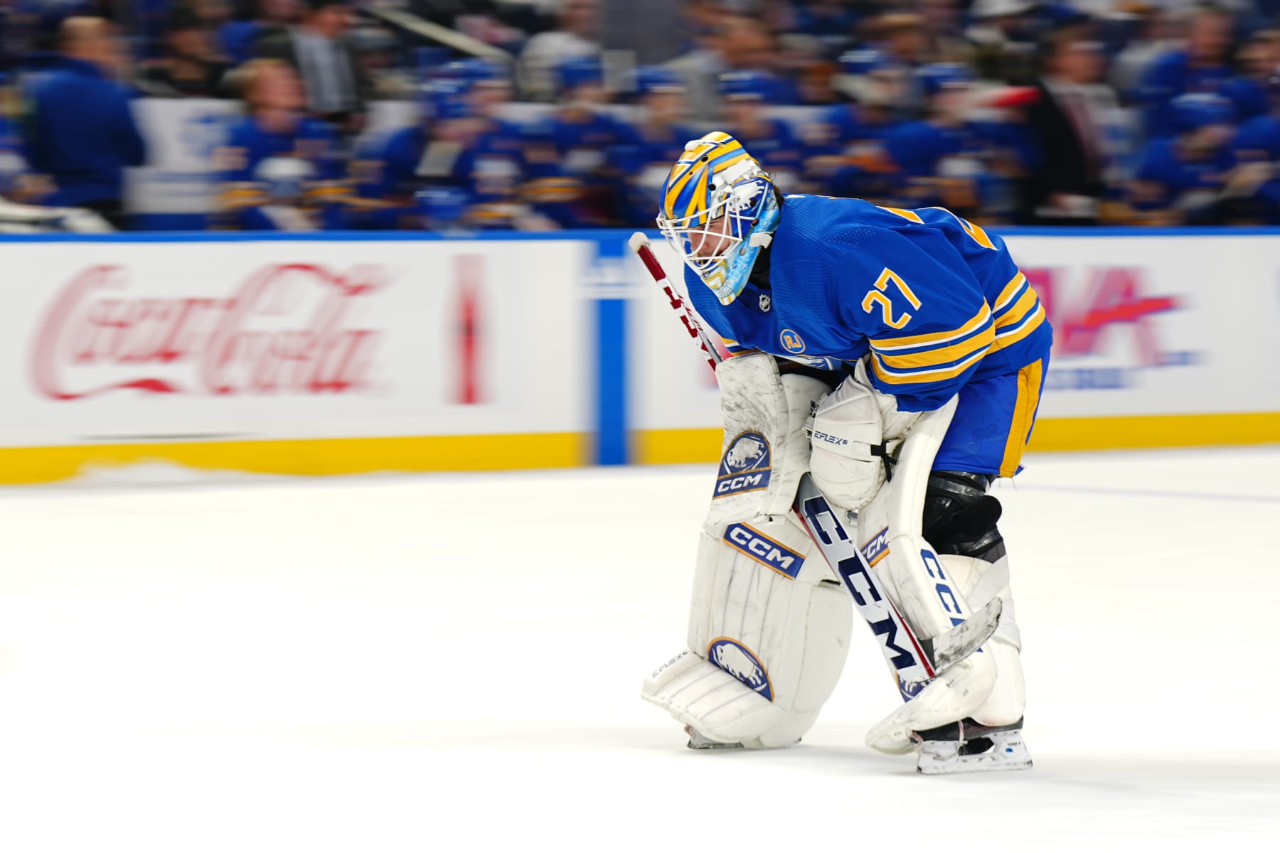 BUFFALO, NEW YORK - OCTOBER 17: Devon Levi #27 of the Buffalo Sabres takes a break during an NHL game against the Tampa Bay Lightning on October 17, 2023 at KeyBank Center in Buffalo, New York. (Photo by Ben Ludeman/NHLI via Getty Images)