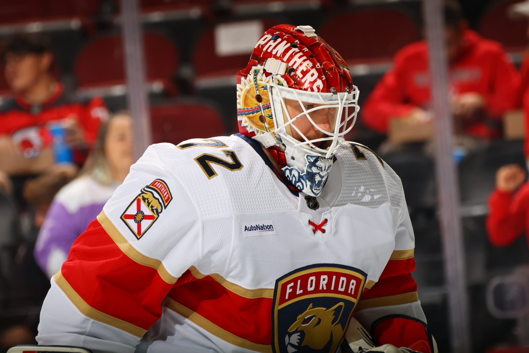 NEWARK, NJ - OCTOBER 16: Sergei Bobrovsky #72 of the Florida Panthers warms up prior to the game against the New Jersey Devils at the Prudential Center on October 16, 2023 in Newark, New Jersey.  (Photo by Rich Graessle/NHLI via Getty Images)