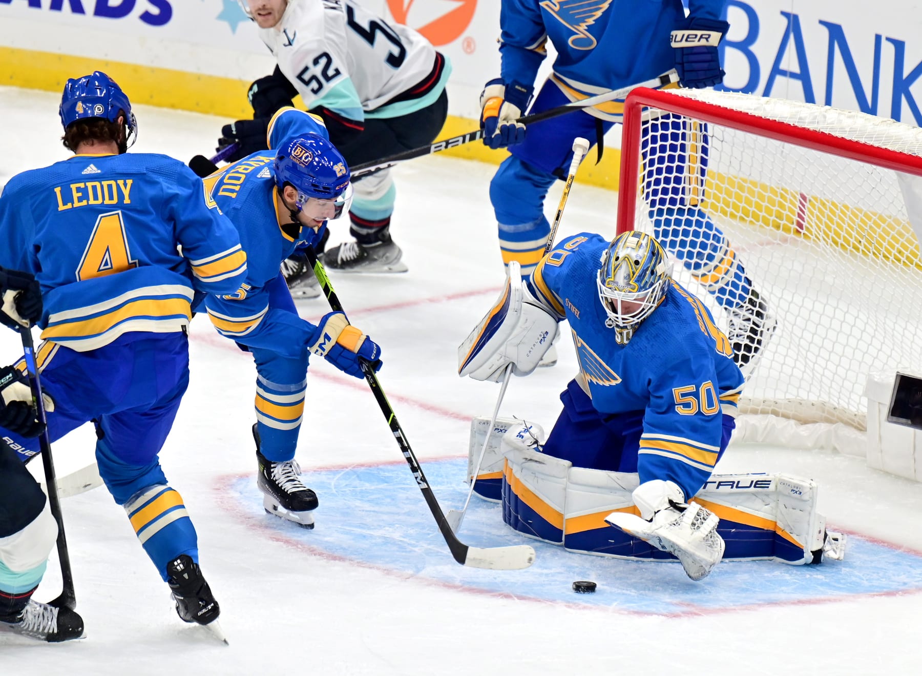ST. LOUIS, MO - OCTOBER 14: St. Louis Blues goaltender Jordan Binnington (50) blocks a shot on goal in the first period during a NHL game between the Seattle Kraken and the St. Louis Blues on October 14, 2023, at Enterprise Center in St. Louis, Mo. (Photo by Keith Gillett/Icon Sportswire via Getty Images)