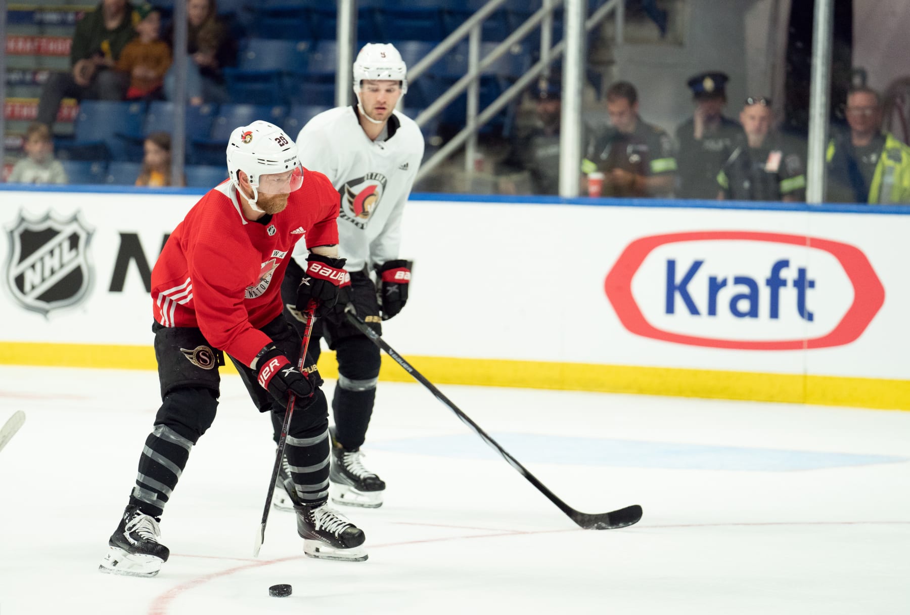 SYDNEY, NOVA SCOTIA - OCTOBER 01: Claude Giroux #28 and Josh Norris #9 of the Ottawa Senators participate in morning practice at Centre 200 on October 01, 2023 in Sydney, Nova Scotia. The Florida Panthers and the Ottawa Senators will play in the 2022 Kraft Hockeyville pre-season game, which was postponed due to the COVID lockdown. (Photo by Steve Wadden/NHLI via Getty Images)
