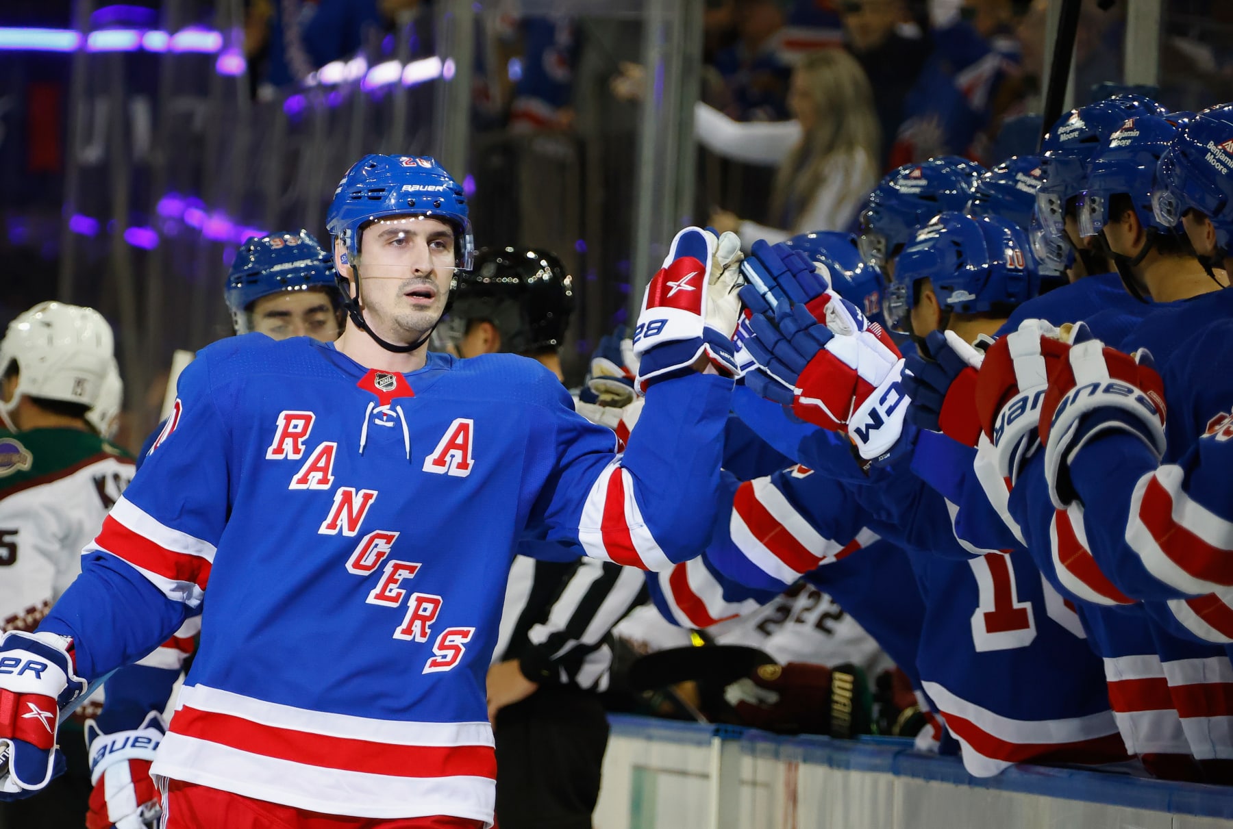 NEW YORK, NEW YORK - OCTOBER 16: Chris Kreider #20 of the New York Rangers celebrates his first period goal against the Arizona Coyotes at Madison Square Garden on October 16, 2023 in New York City. (Photo by Bruce Bennett/Getty Images)
