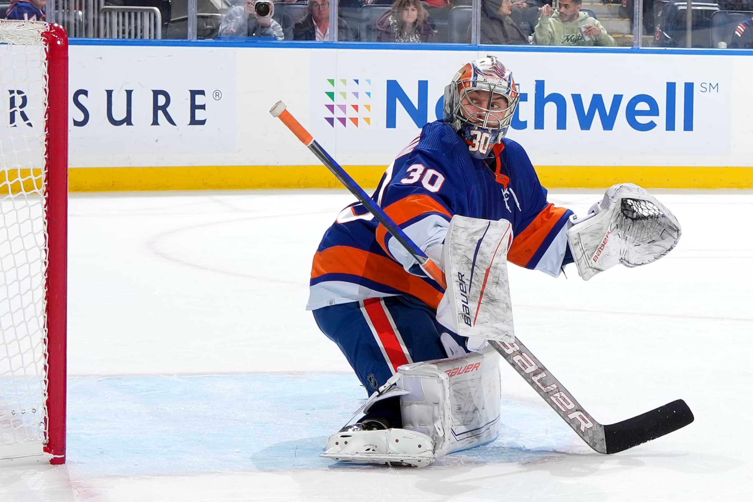 ELMONT, NEW YORK - OCTOBER 17:  Ilya Sorokin #30 of the New York Islanders tends net against the Arizona Coyotes during the second period at UBS Arena on October 17, 2023 in Elmont, New York. (Photo by Mike Stobe/NHLI via Getty Images)