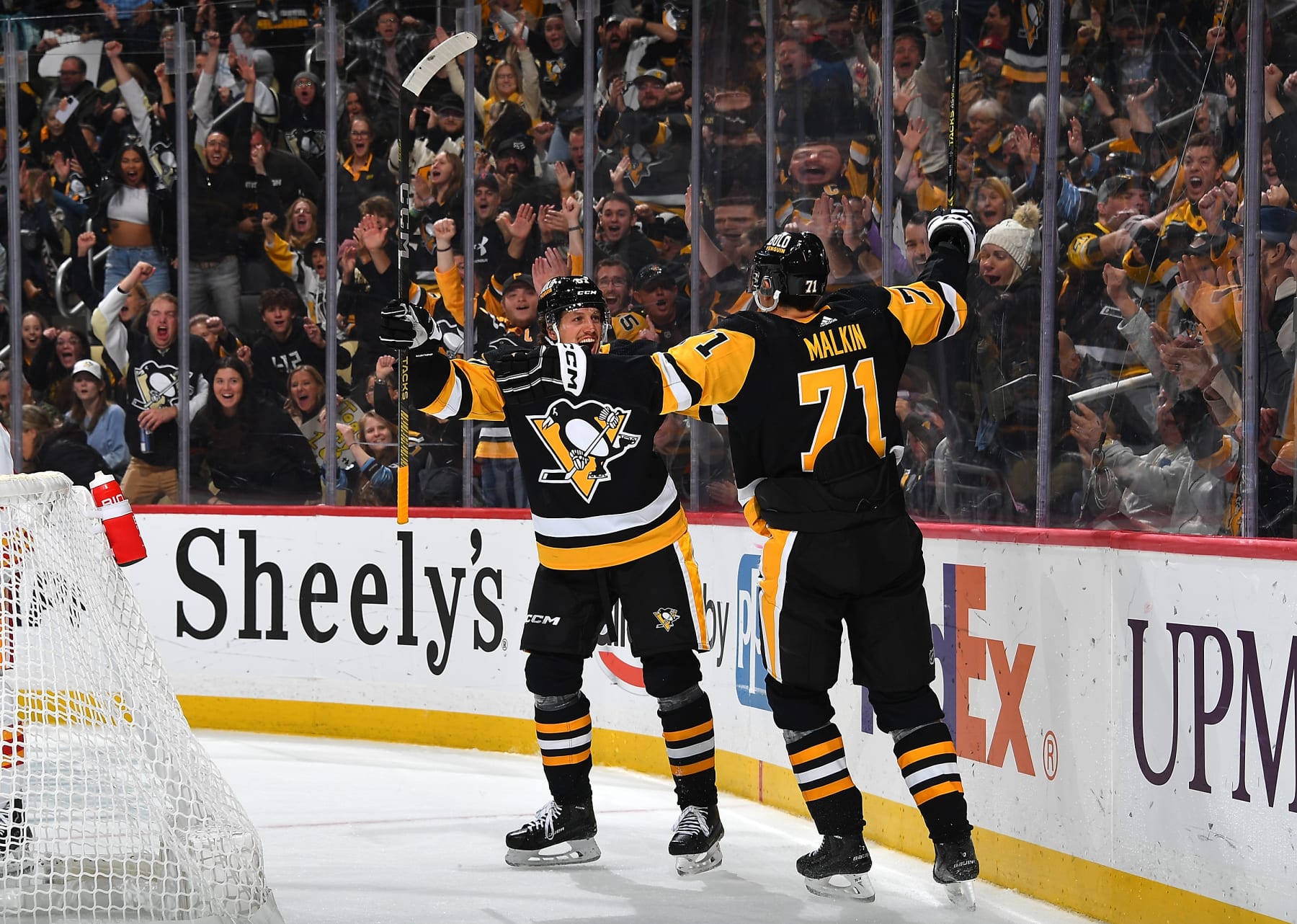 PITTSBURGH, PA - OCTOBER 14:  Evgeni Malkin #71 of the Pittsburgh Penguins celebrates his third period goal against the Calgary Flames at PPG PAINTS Arena on October 14, 2023 in Pittsburgh, Pennsylvania. (Photo by Joe Sargent/NHLI via Getty Images)
