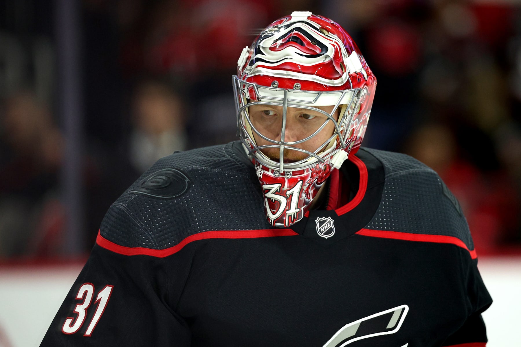 RALEIGH, NORTH CAROLINA - OCTOBER 11: Frederik Andersen #31 of the Carolina Hurricanes looks on prior to their game against the Ottawa Senators at PNC Arena on October 11, 2023 in Raleigh, North Carolina. (Photo by Jared C. Tilton/Getty Images)