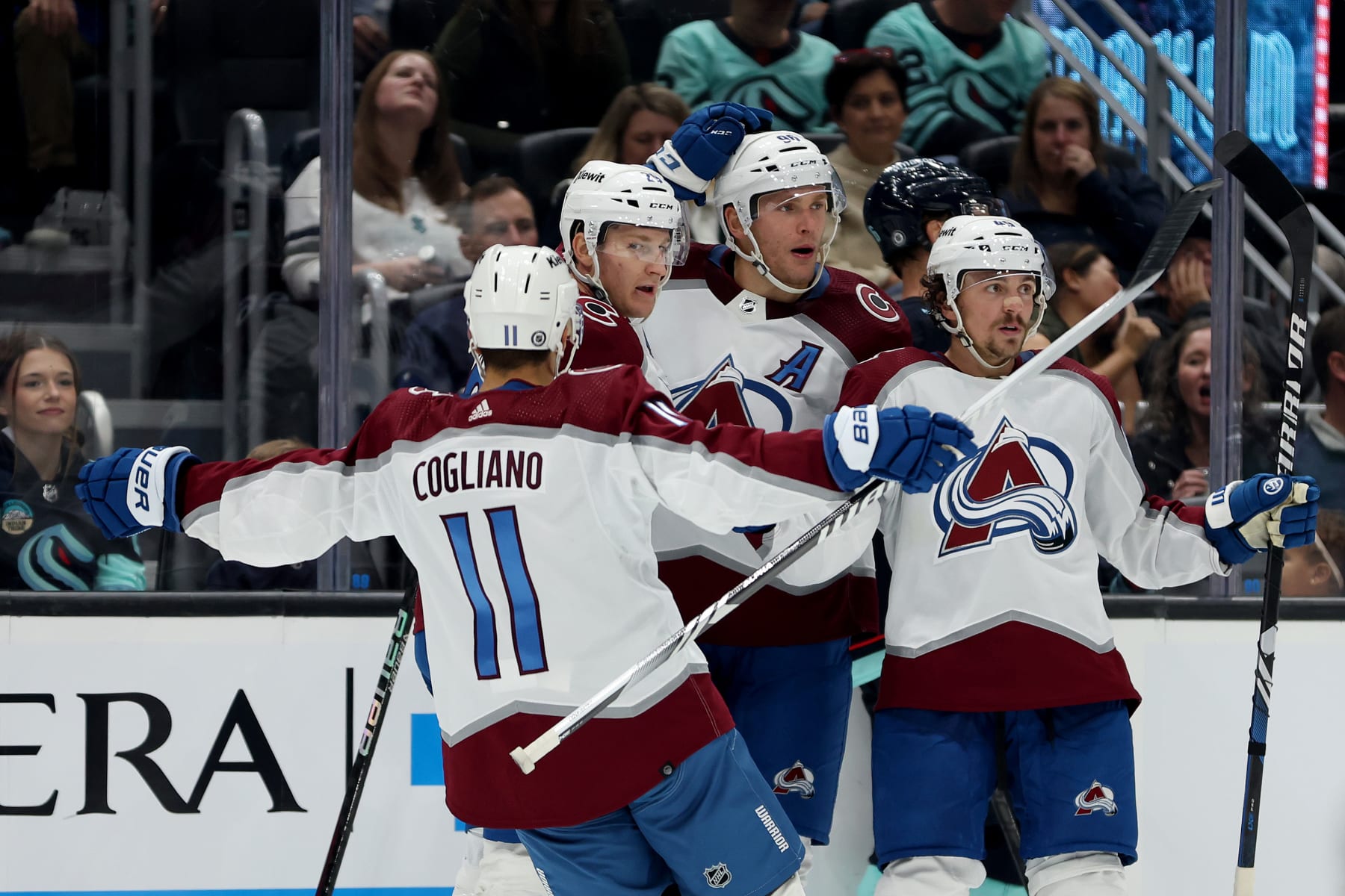 SEATTLE, WASHINGTON - OCTOBER 17: Mikko Rantanen #96 of the Colorado Avalanche celebrates his goal during the third period against the Seattle Kraken at Climate Pledge Arena on October 17, 2023 in Seattle, Washington. (Photo by Steph Chambers/Getty Images)