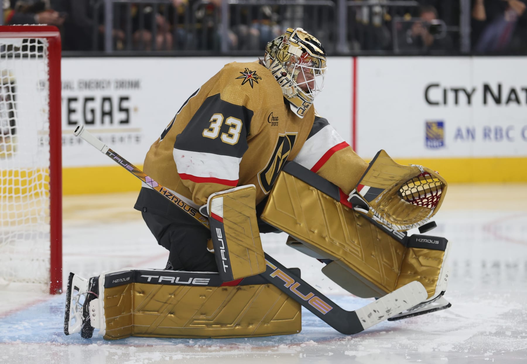 LAS VEGAS, NEVADA - OCTOBER 17: Adin Hill #33 of the Vegas Golden Knights makes a save during the third period against the Dallas Stars at T-Mobile Arena on October 17, 2023 in Las Vegas, Nevada. (Photo by Zak Krill/NHLI via Getty Images)