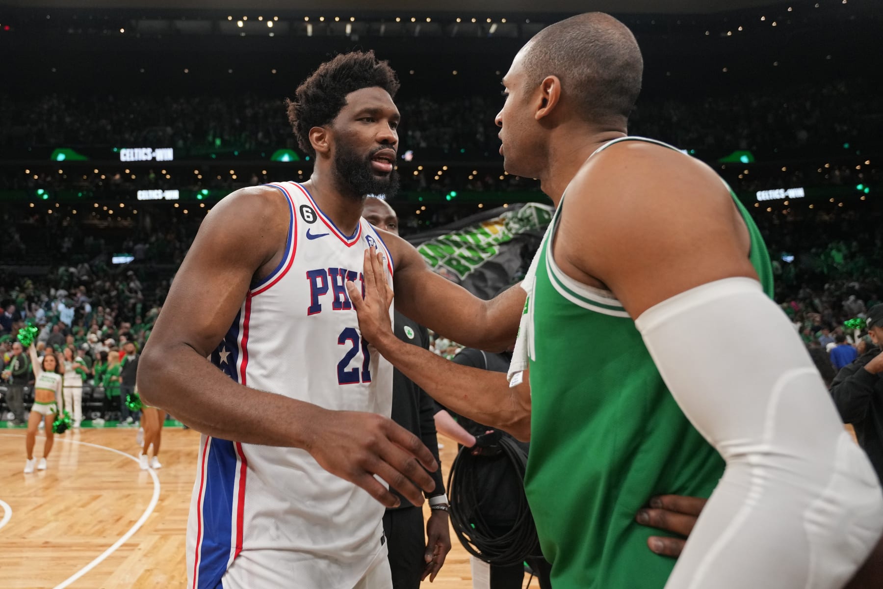 BOSTON, MA - MAY 14: Al Horford #42 of the Boston Celtics & Joel Embiid #21 of the Philadelphia 76ers embrace after the game on May 14, 2023 at the TD Garden in Boston, Massachusetts. NOTE TO USER: User expressly acknowledges and agrees that, by downloading and or using this photograph, User is consenting to the terms and conditions of the Getty Images License Agreement. Mandatory Copyright Notice: Copyright 2023 NBAE  (Photo by Jesse D. Garrabrant/NBAE via Getty Images)