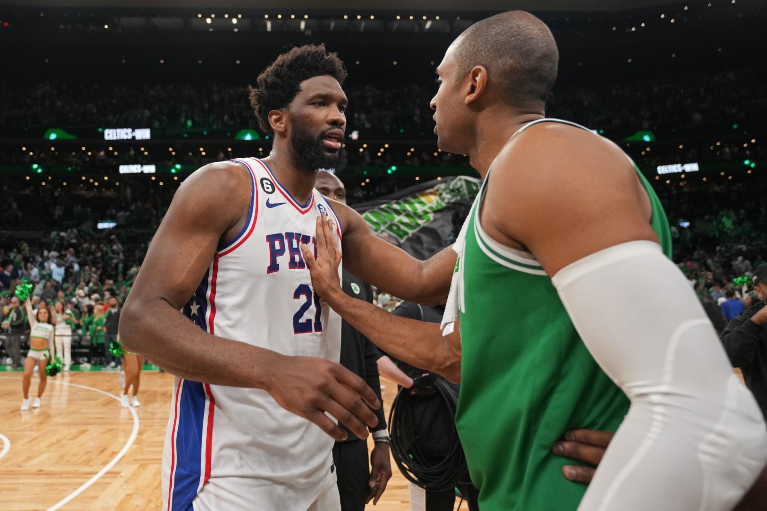 BOSTON, MA - MAY 14: Al Horford #42 of the Boston Celtics & Joel Embiid #21 of the Philadelphia 76ers embrace after the game on May 14, 2023 at the TD Garden in Boston, Massachusetts. NOTE TO USER: User expressly acknowledges and agrees that, by downloading and or using this photograph, User is consenting to the terms and conditions of the Getty Images License Agreement. Mandatory Copyright Notice: Copyright 2023 NBAE  (Photo by Jesse D. Garrabrant/NBAE via Getty Images)