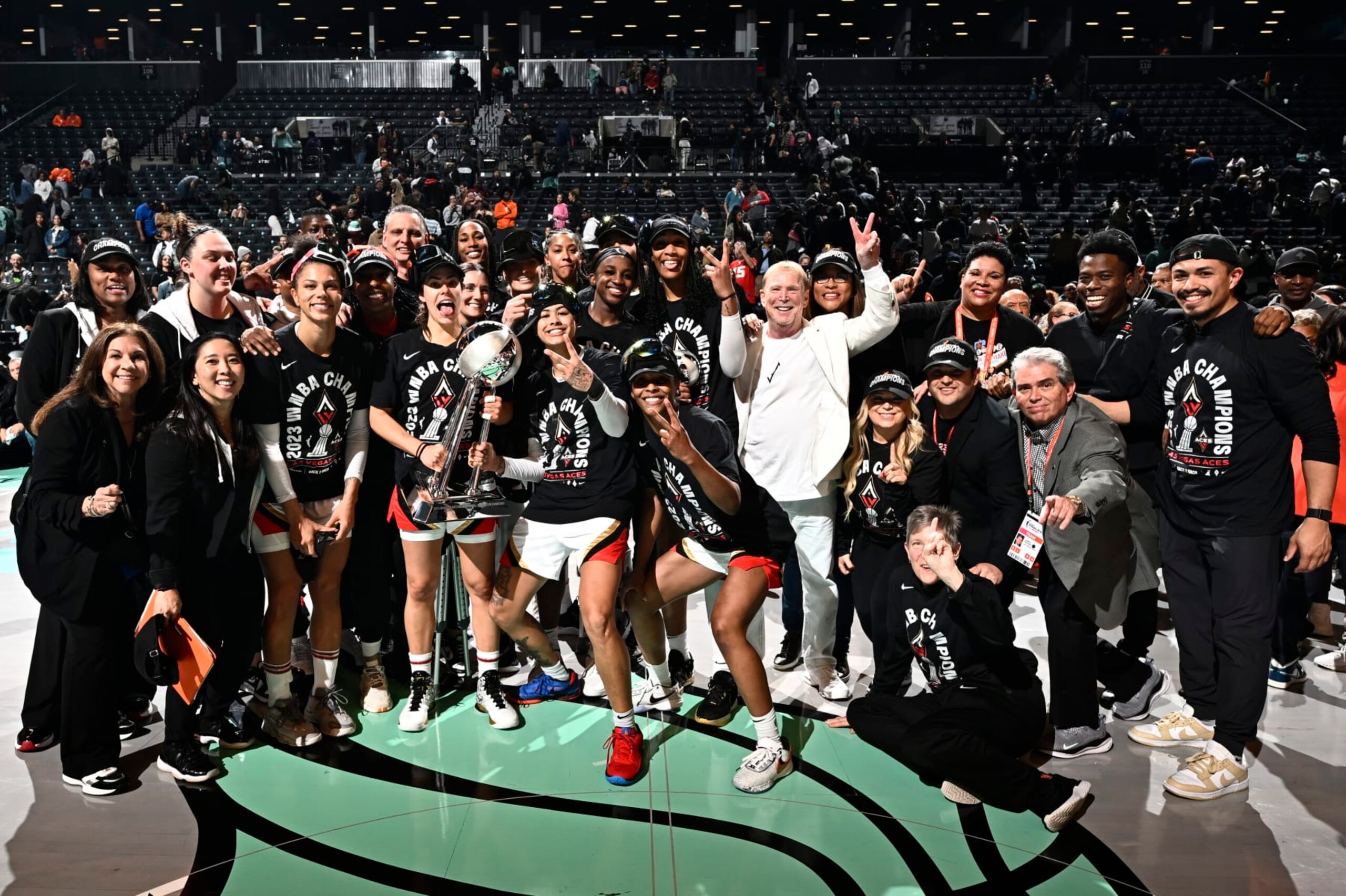 BROOKLYN, NY - OCTOBER 18: Las Vegas Aces win game 4 of the 2023 WNBA Finals on October 18, 2023 at Barclays Center in Brooklyn, New York. NOTE TO USER: User expressly acknowledges and agrees that, by downloading and or using this photograph, user is consenting to the terms and conditions of the Getty Images License Agreement. Mandatory Copyright Notice: Copyright 2023 NBAE (Photo by David Dow/NBAE via Getty Images)