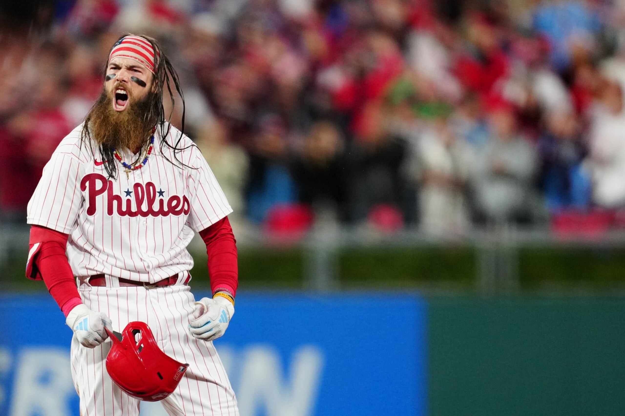 PHILADELPHIA, PA - OCTOBER 17:  Brandon Marsh #16 of the Philadelphia Phillies celebrates after hitting a RBI double in the sixth inning during Game 2 of the NLCS between the Arizona Diamondbacks and the Philadelphia Phillies at Citizens Bank Park on Tuesday, October 17, 2023 in Philadelphia, Pennsylvania. (Photo by Mary DeCicco/MLB Photos via Getty Images)