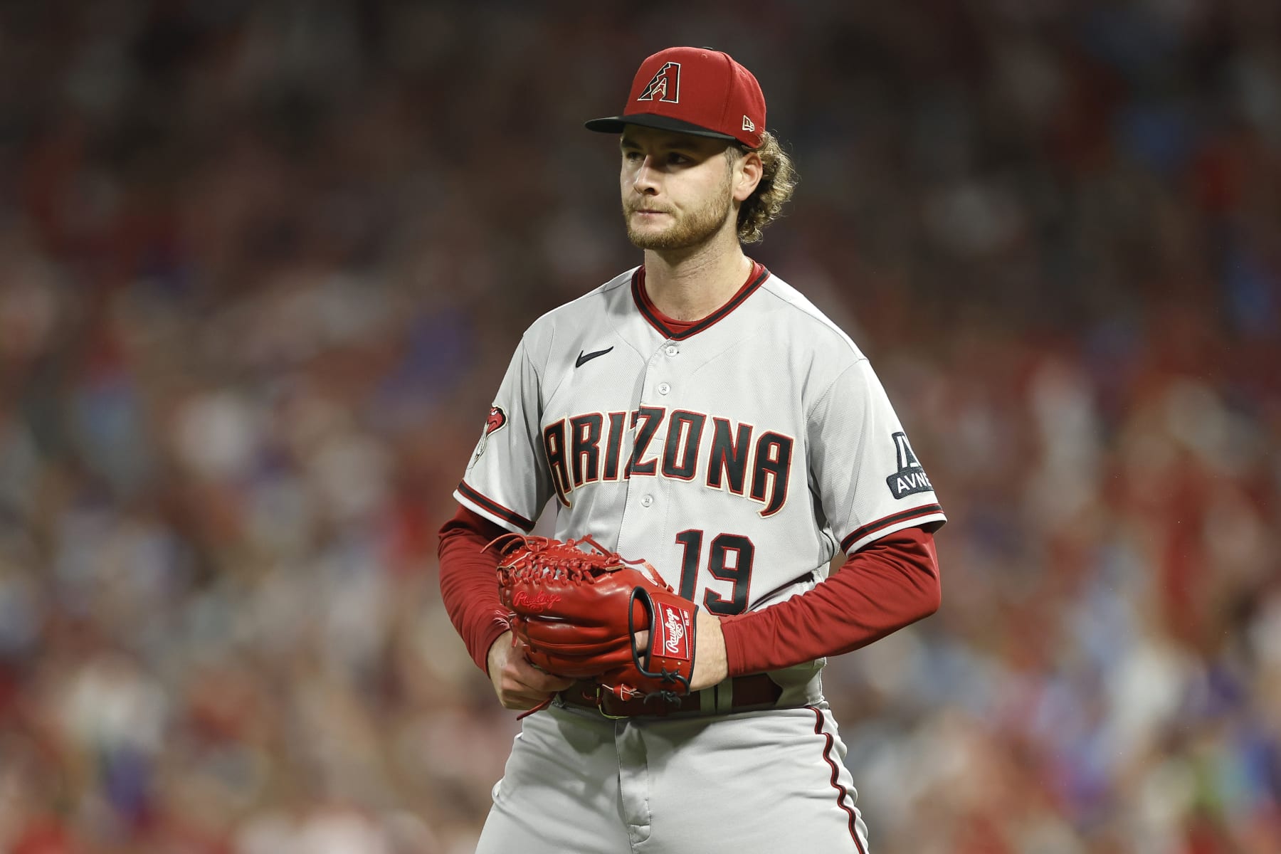 PHILADELPHIA, PENNSYLVANIA - OCTOBER 17: Ryne Nelson #19 of the Arizona Diamondbacks reacts after after a seventh inning single by the Philadelphia Phillies during Game Two of the Championship Series at Citizens Bank Park on October 17, 2023 in Philadelphia, Pennsylvania. (Photo by Sarah Stier/Getty Images)