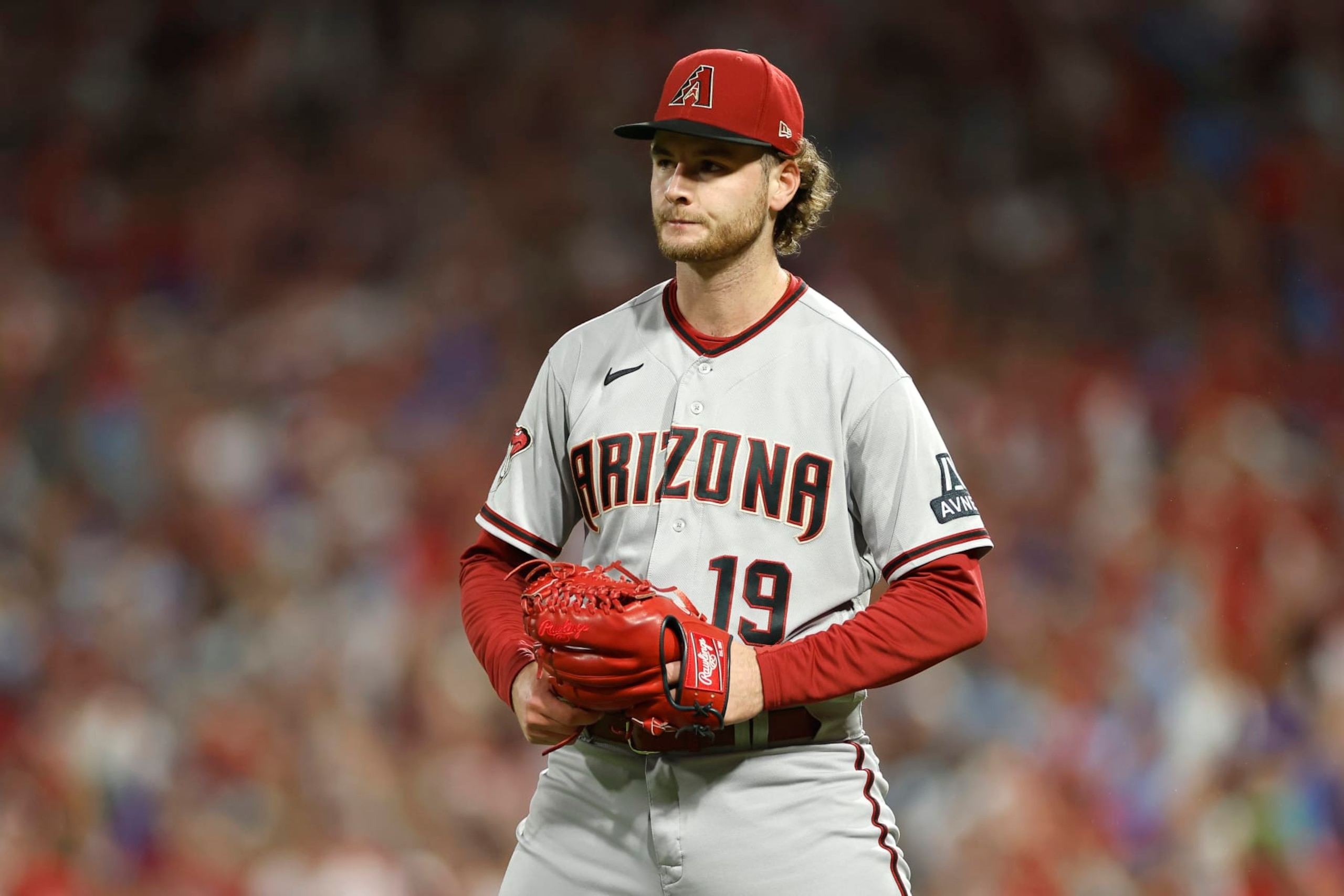 PHILADELPHIA, PENNSYLVANIA - OCTOBER 17: Ryne Nelson #19 of the Arizona Diamondbacks reacts after after a seventh inning single by the Philadelphia Phillies during Game Two of the Championship Series at Citizens Bank Park on October 17, 2023 in Philadelphia, Pennsylvania. (Photo by Sarah Stier/Getty Images)