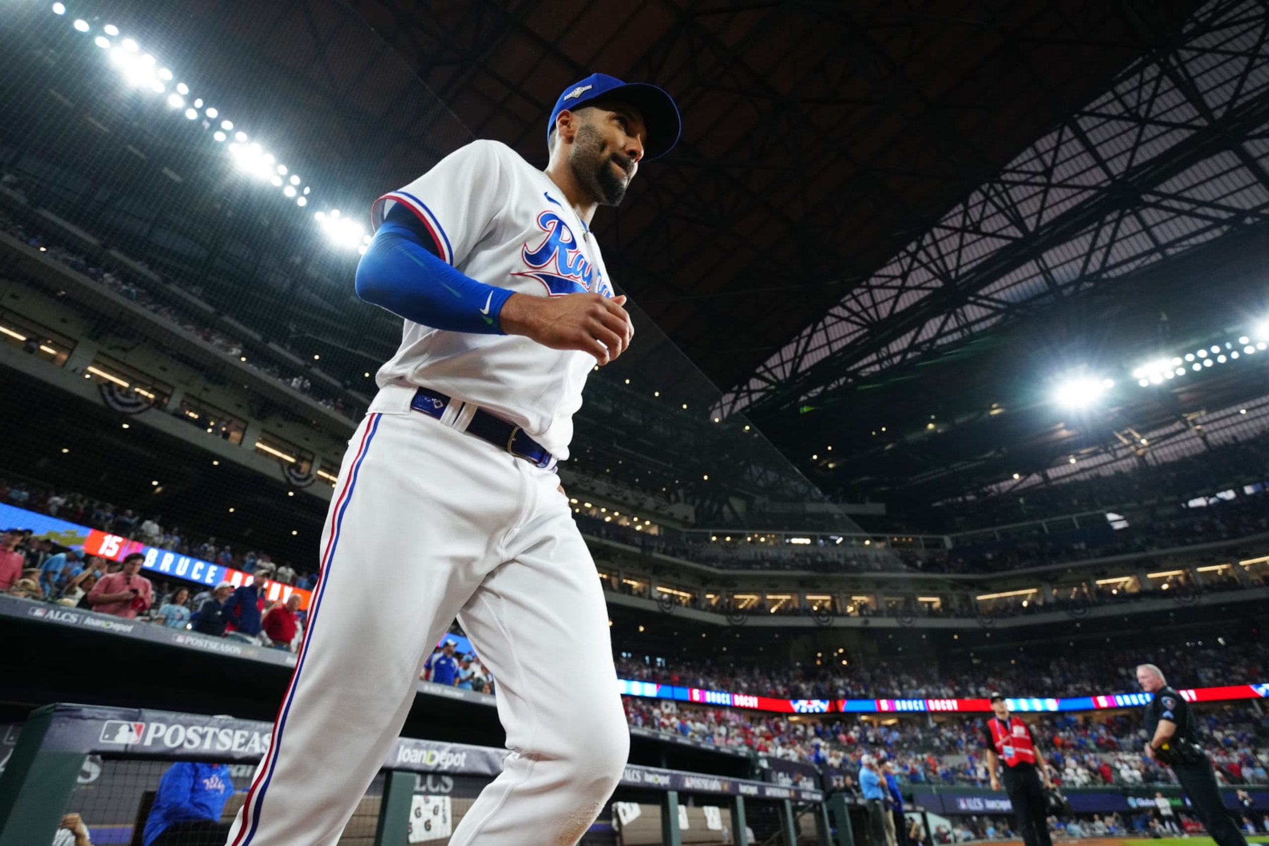 ARLINGTON, TX - OCTOBER 18: Marcus Semien #2 of the Texas Rangers is introduced prior to Game 3 of the ALCS between the Houston Astros and the Texas Rangers at Globe Life Field on Wednesday, October 18, 2023 in Arlington, Texas. (Photo by Daniel Shirey/MLB Photos via Getty Images)