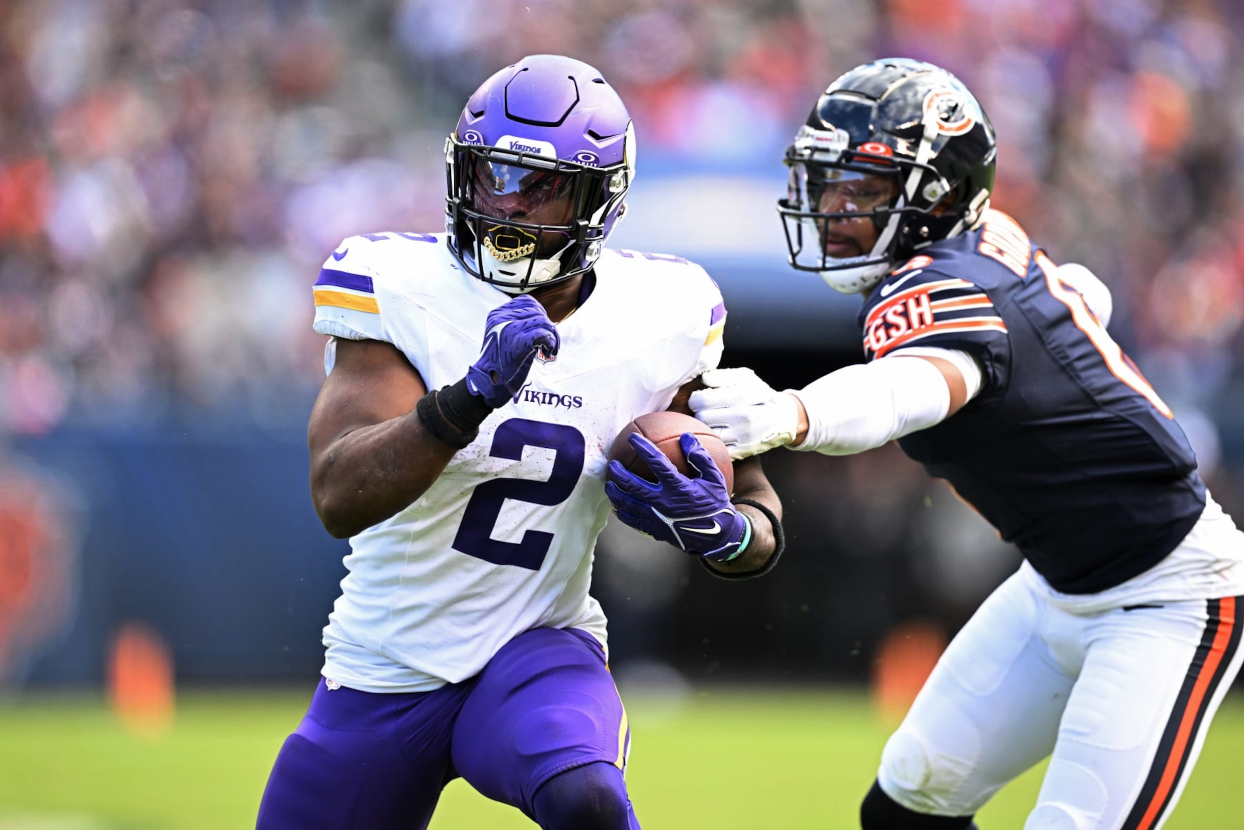 CHICAGO, ILLINOIS - OCTOBER 15: Alexander Mattison #2 of the Minnesota Vikings runs the ball while being chased by Kyler Gordon #6 of the Chicago Bears during the second half at Soldier Field on October 15, 2023 in Chicago, Illinois. (Photo by Quinn Harris/Getty Images) CHICAGO, ILLINOIS - OCTOBER 15: Alexander Mattison #2 of the Minnesota Vikings runs the ball while being chased by Kyler Gordon #6 of the Chicago Bears during the second half at Soldier Field on October 15, 2023 in Chicago, Illinois. (Photo by Quinn Harris/Getty Images)