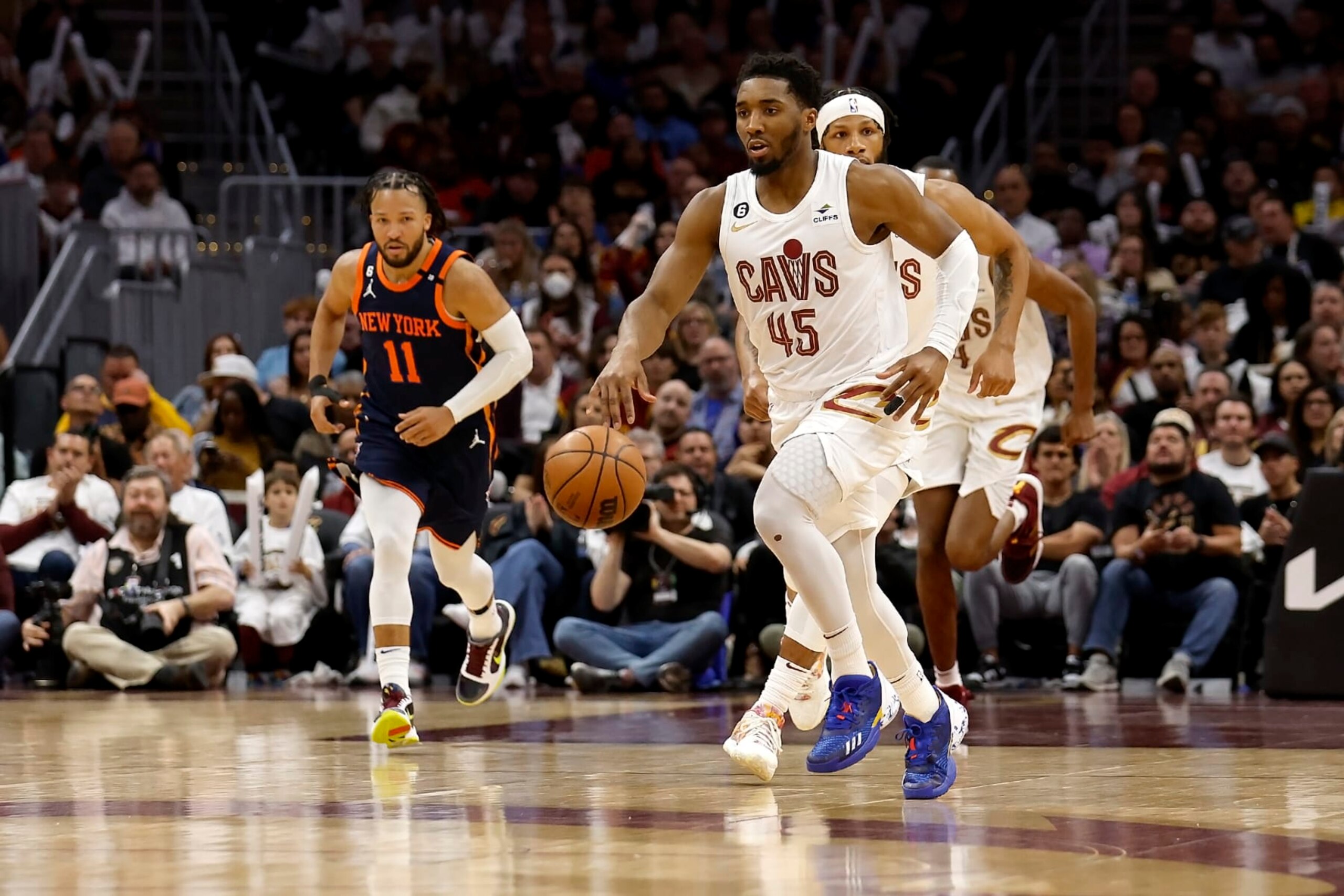 CLEVELAND, OH - APRIL 26:  Donovan Mitchell #45 of the Cleveland Cavaliers moves the ball up the court during Game Five of the Eastern Conference First Round Playoffs against the New York Knicks at Rocket Mortgage Fieldhouse on April 26, 2023 in Cleveland, Ohio. New York defeated Cleveland 106-95 to win the series 4-1. NOTE TO USER: User expressly acknowledges and agrees that, by downloading and or using this photograph, User is consenting to the terms and conditions of the Getty Images License Agreement. (Photo by Kirk Irwin/Getty Images)