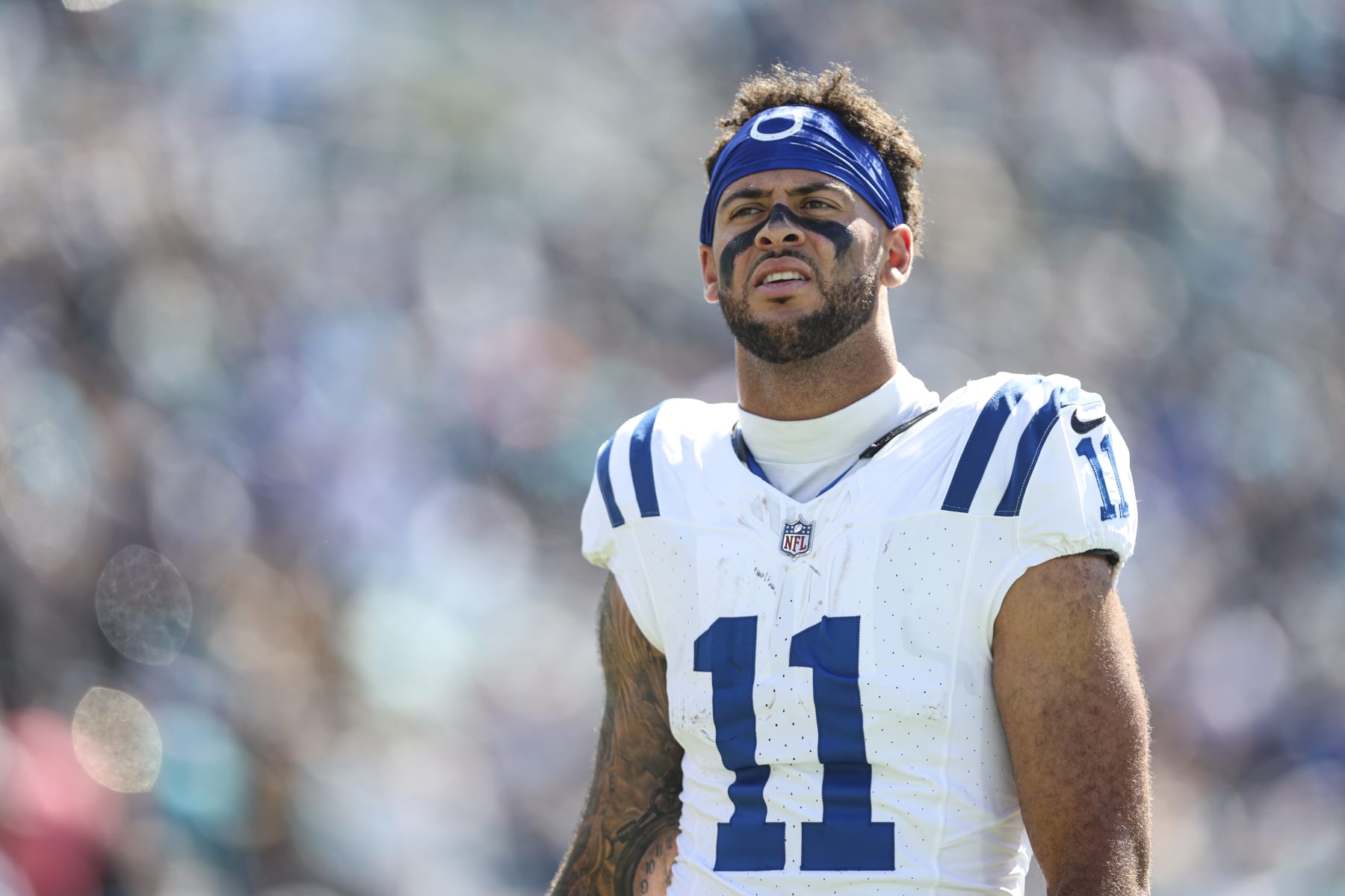 JACKSONVILLE, FL - OCTOBER 15: Michael Pittman Jr. #11 of the Indianapolis Colts walks off of the field at half time during an NFL game against the Jacksonville Jaguars at EverBank Field on October 15, 2023 in Jacksonville, Florida. (Photo by Perry Knotts/Getty Images)