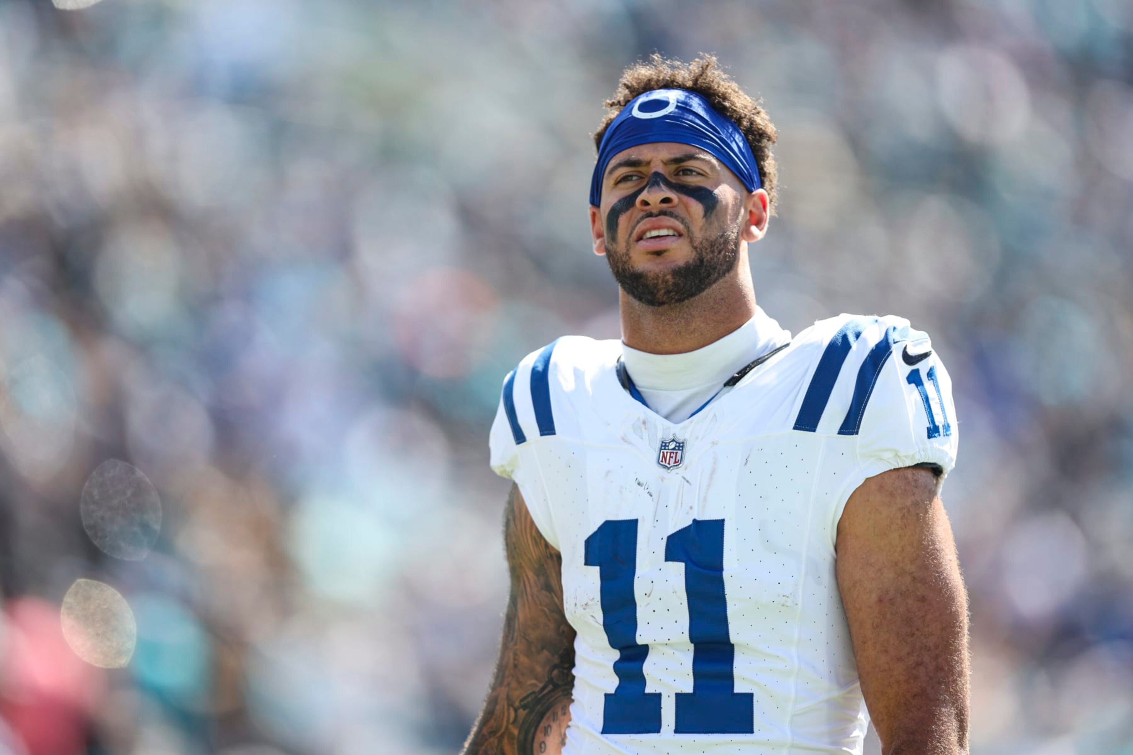 JACKSONVILLE, FL - OCTOBER 15: Michael Pittman Jr. #11 of the Indianapolis Colts walks off of the field at half time during an NFL game against the Jacksonville Jaguars at EverBank Field on October 15, 2023 in Jacksonville, Florida. (Photo by Perry Knotts/Getty Images)