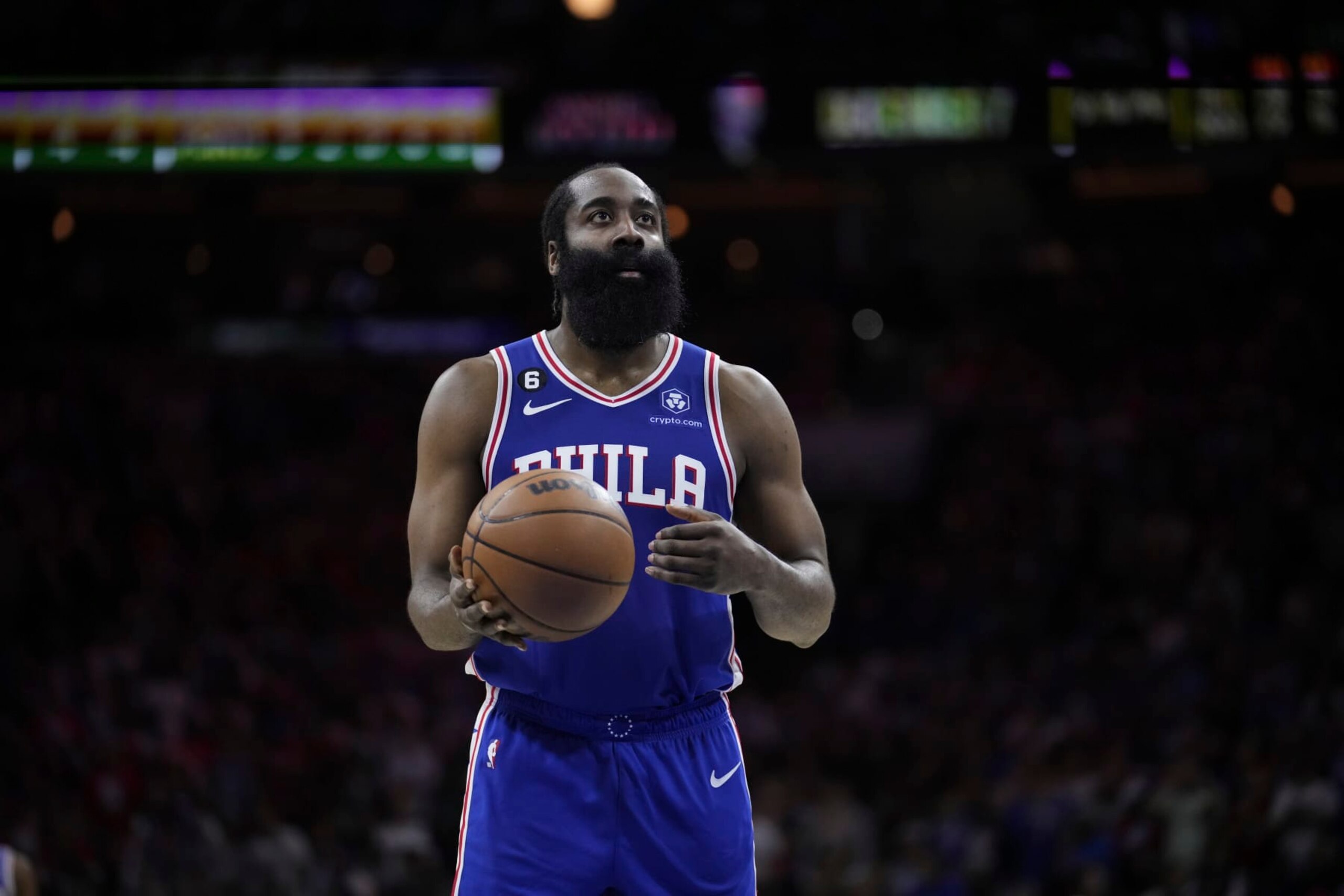 Philadelphia 76ers' James Harden (1) plays during the second half of Game 6 of an NBA basketball playoffs Eastern Conference semifinal, Thursday, May 11, 2023, in Philadelphia. (AP Photo/Matt Slocum) Philadelphia 76ers' James Harden (1) plays during the second half of Game 6 of an NBA basketball playoffs Eastern Conference semifinal, Thursday, May 11, 2023, in Philadelphia. (AP Photo/Matt Slocum)