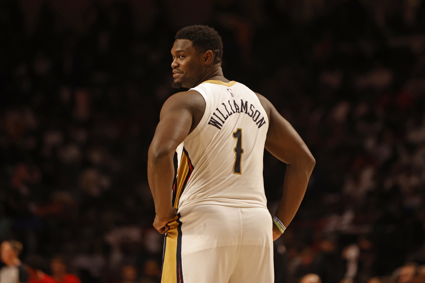 BIRMINGHAM, AL - OCTOBER 12: Zion Williamson #1 of the New Orleans Pelicans looks on during the game against the Houston Rockets at Legacy Arena at the BJCC in Birmingham, Alabama on October 12, 2023. NOTE TO USER: User expressly acknowledges and agrees that, by downloading and or using this photograph, user is consenting to the terms and conditions of Getty Images License Agreement. Mandatory Copyright Notice: Copyright 2023 NBAE (Photo by Mercedes Oliver/NBAE via Getty Images)