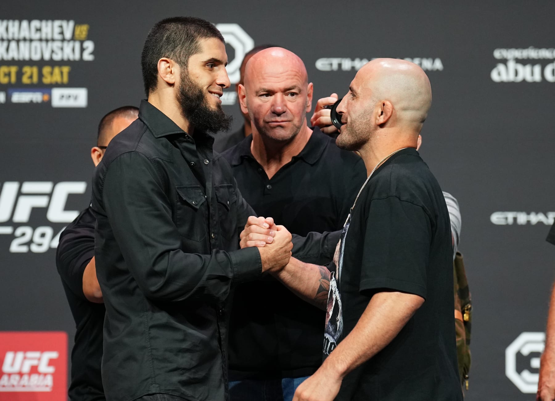 Islam Makhachev (left) and Alexander Volkanovski face off before their UFC 284 rematch. 
