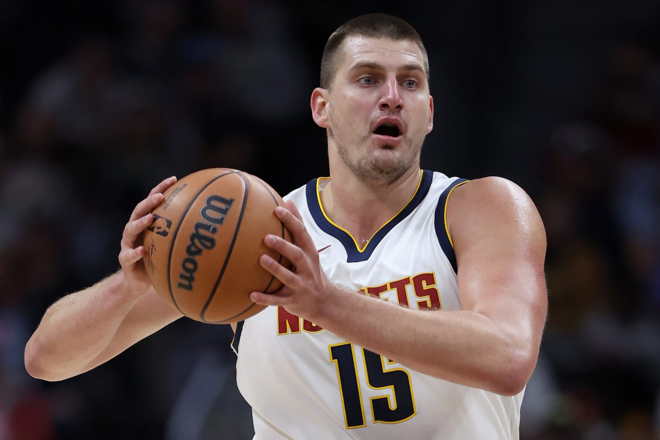 DENVER, COLORADO - OCTOBER 15: Nikola Jokic #15 of the Denver Nuggets plays the Chicago Bulls at Ball Arena on October 15, 2023 in Denver, Colorado. NOTE TO USER: User expressly acknowledges and agrees that, by downloading and or using this photograph, User is consenting to the terms and conditions of the Getty Images License Agreement. (Photo by Matthew Stockman/Getty Images)