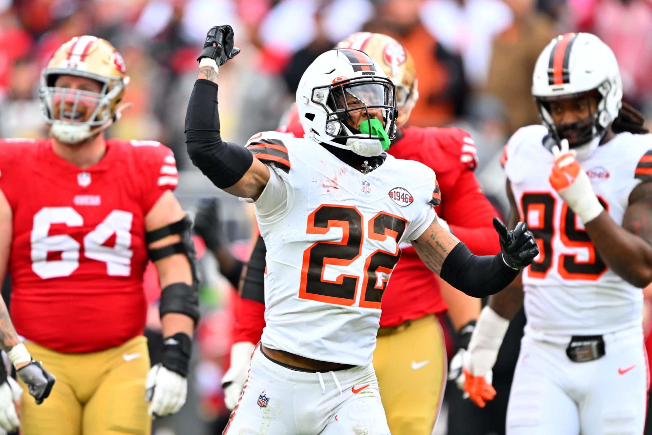 CLEVELAND, OHIO - OCTOBER 15: Grant Delpit #22 of the Cleveland Browns reacts after a defensive play during the third quarter against the San Francisco 49ers at Cleveland Browns Stadium on October 15, 2023 in Cleveland, Ohio. (Photo by Jason Miller/Getty Images) CLEVELAND, OHIO - OCTOBER 15: Grant Delpit #22 of the Cleveland Browns reacts after a defensive play during the third quarter against the San Francisco 49ers at Cleveland Browns Stadium on October 15, 2023 in Cleveland, Ohio. (Photo by Jason Miller/Getty Images)
