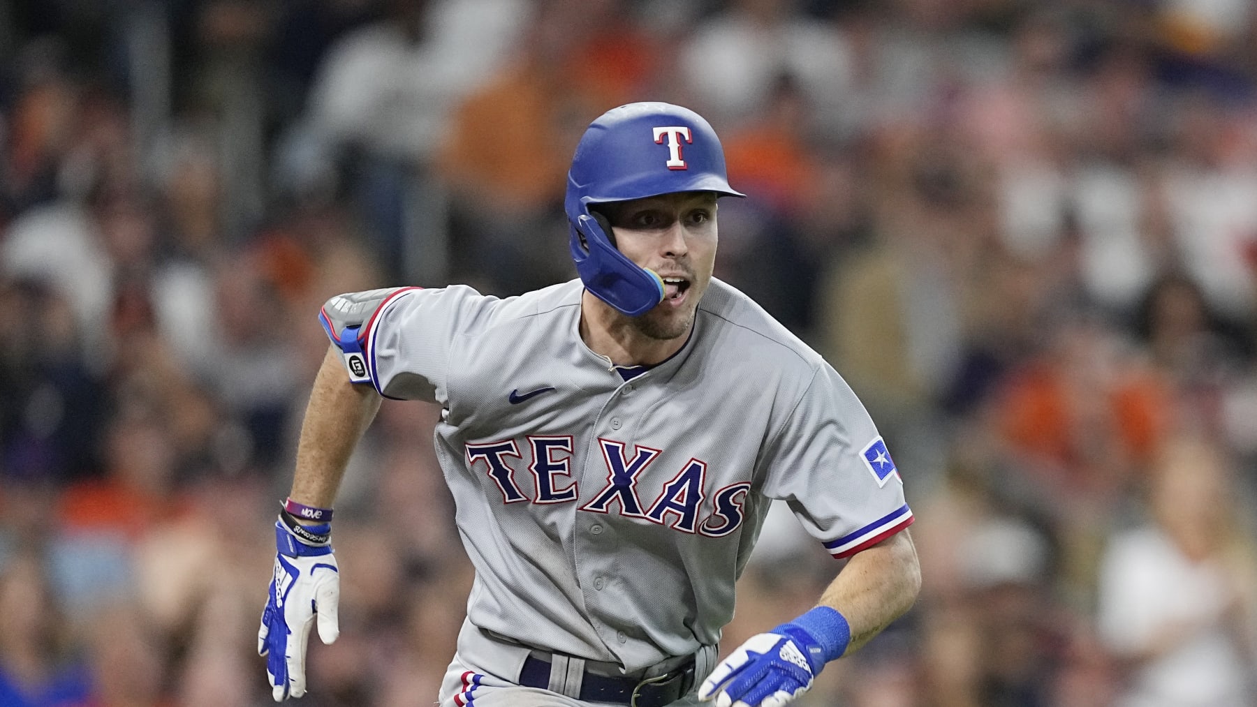 Texas Rangers' Evan Carter during the ninth inning of Game 2 of the baseball AL Championship Series against the Houston Astros Monday, Oct. 16, 2023, in Houston. (AP Photo/David J. Phillip)