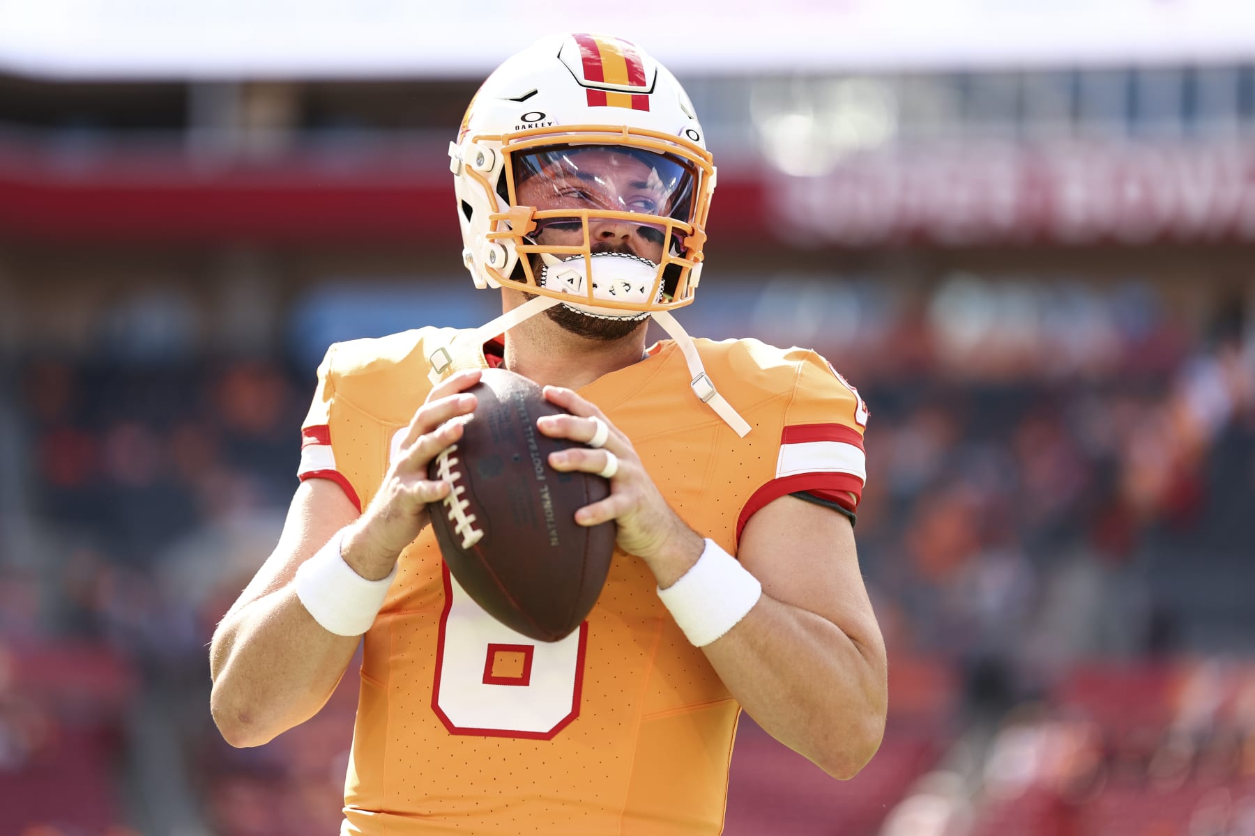 TAMPA, FL - OCTOBER 15: Baker Mayfield #6 of the Tampa Bay Buccaneers warms up prior to an NFL football game against the Detroit Lions at Raymond James Stadium on October 15, 2023 in Tampa, Florida. (Photo by Kevin Sabitus/Getty Images)
