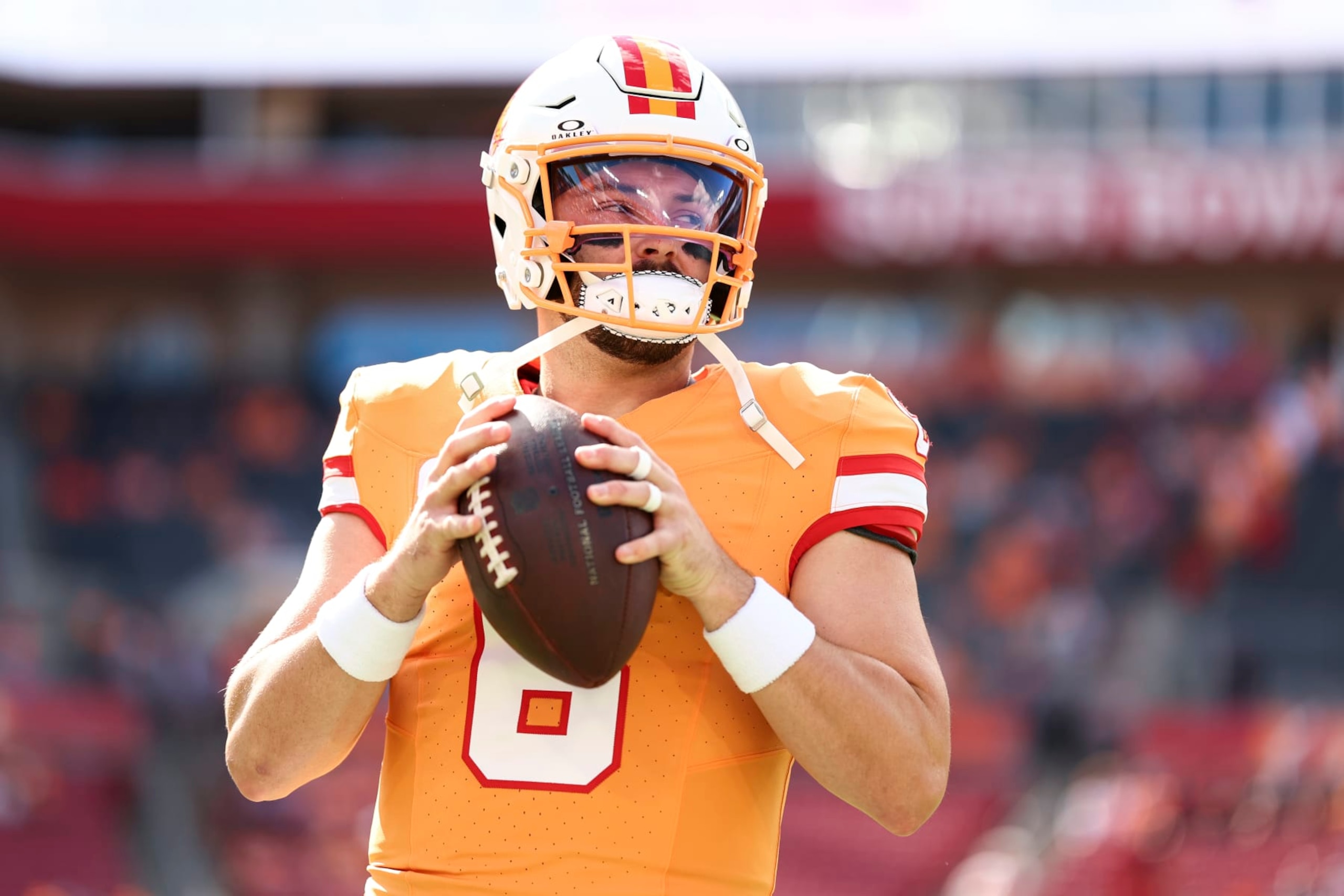 TAMPA, FL - OCTOBER 15: Baker Mayfield #6 of the Tampa Bay Buccaneers warms up prior to an NFL football game against the Detroit Lions at Raymond James Stadium on October 15, 2023 in Tampa, Florida. (Photo by Kevin Sabitus/Getty Images) TAMPA, FL - OCTOBER 15: Baker Mayfield #6 of the Tampa Bay Buccaneers warms up prior to an NFL football game against the Detroit Lions at Raymond James Stadium on October 15, 2023 in Tampa, Florida. (Photo by Kevin Sabitus/Getty Images)