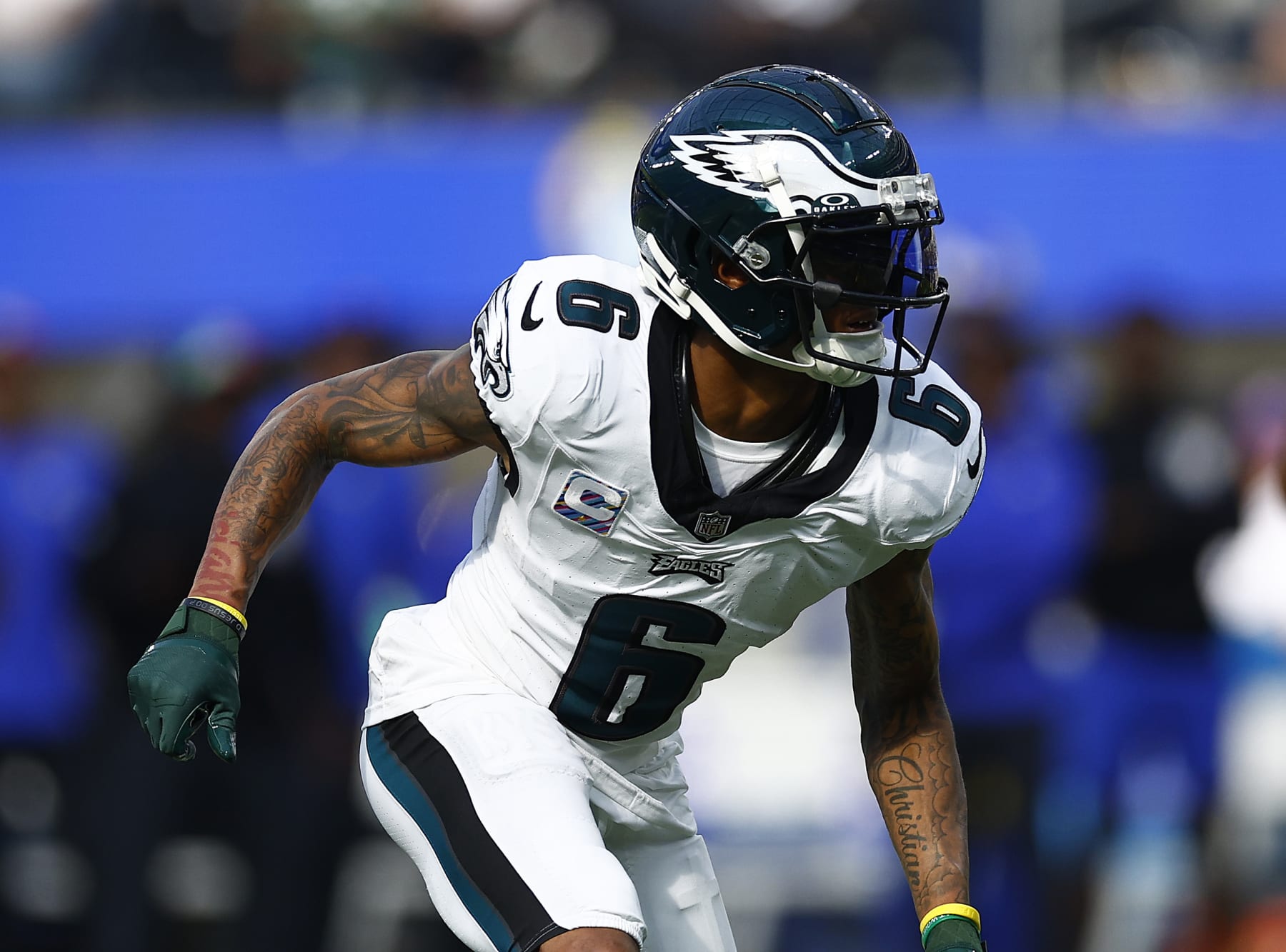 INGLEWOOD, CALIFORNIA - OCTOBER 08:   DeVonta Smith #6 of the Philadelphia Eagles at SoFi Stadium on October 08, 2023 in Inglewood, California. (Photo by Ronald Martinez/Getty Images)