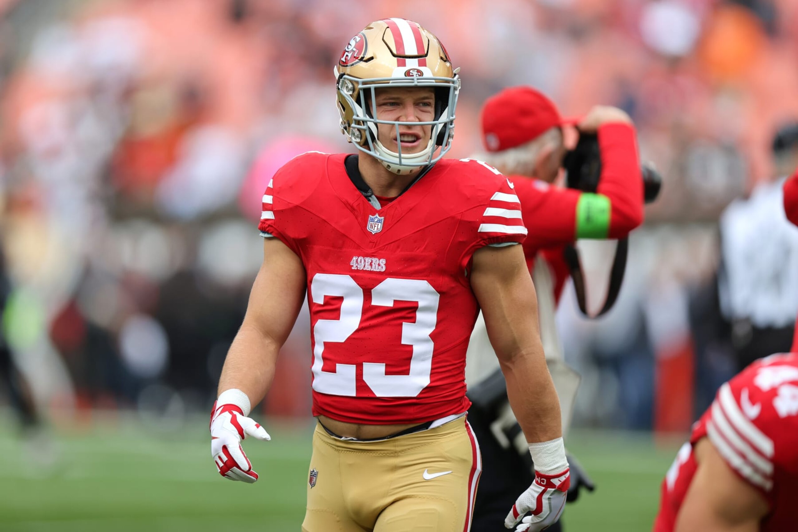 CLEVELAND, OH - OCTOBER 15: San Francisco 49ers running back Christian McCaffrey (23) on the field prior to the National Football League game between the San Francisco 49ers and Cleveland Browns on October 15, 2023, at Cleveland Browns Stadium in Cleveland, OH. (Photo by Frank Jansky/Icon Sportswire via Getty Images)