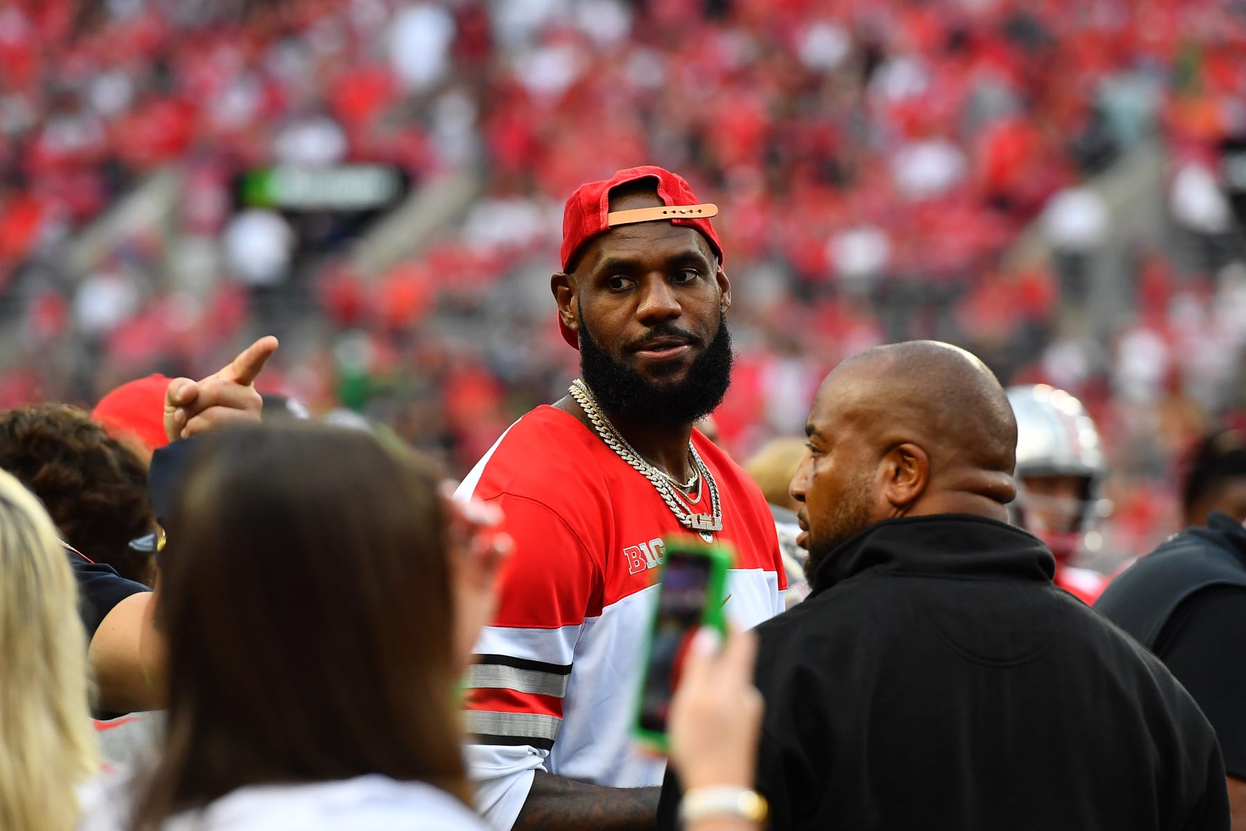 COLUMBUS, OHIO - SEPTEMBER 03: LeBron James of the Los Angeles Lakers attends a game between the Notre Dame Fighting Irish and the Ohio State Buckeyes at Ohio Stadium on September 03, 2022 in Columbus, Ohio. (Photo by Ben Jackson/Getty Images)