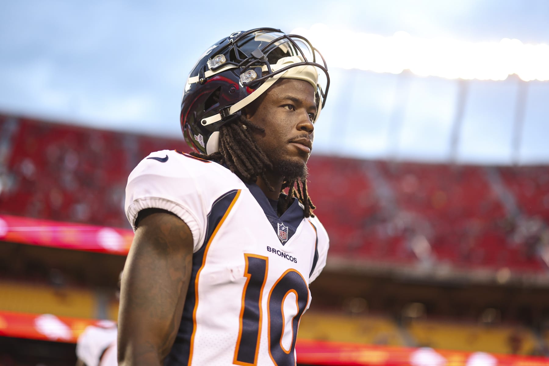 KANSAS CITY, MO - OCTOBER 12: Jerry Jeudy #10 of the Denver Broncos warms up prior to an NFL football game against the Kansas City Chiefs at GEHA Field at Arrowhead Stadium on October 12, 2023 in Kansas City, Missouri. (Photo by Perry Knotts/Getty Images)