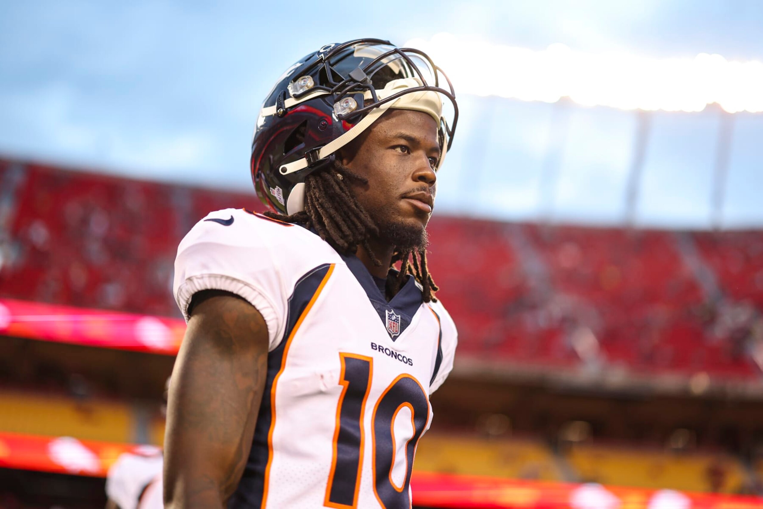 KANSAS CITY, MO - OCTOBER 12: Jerry Jeudy #10 of the Denver Broncos warms up prior to an NFL football game against the Kansas City Chiefs at GEHA Field at Arrowhead Stadium on October 12, 2023 in Kansas City, Missouri. (Photo by Perry Knotts/Getty Images)