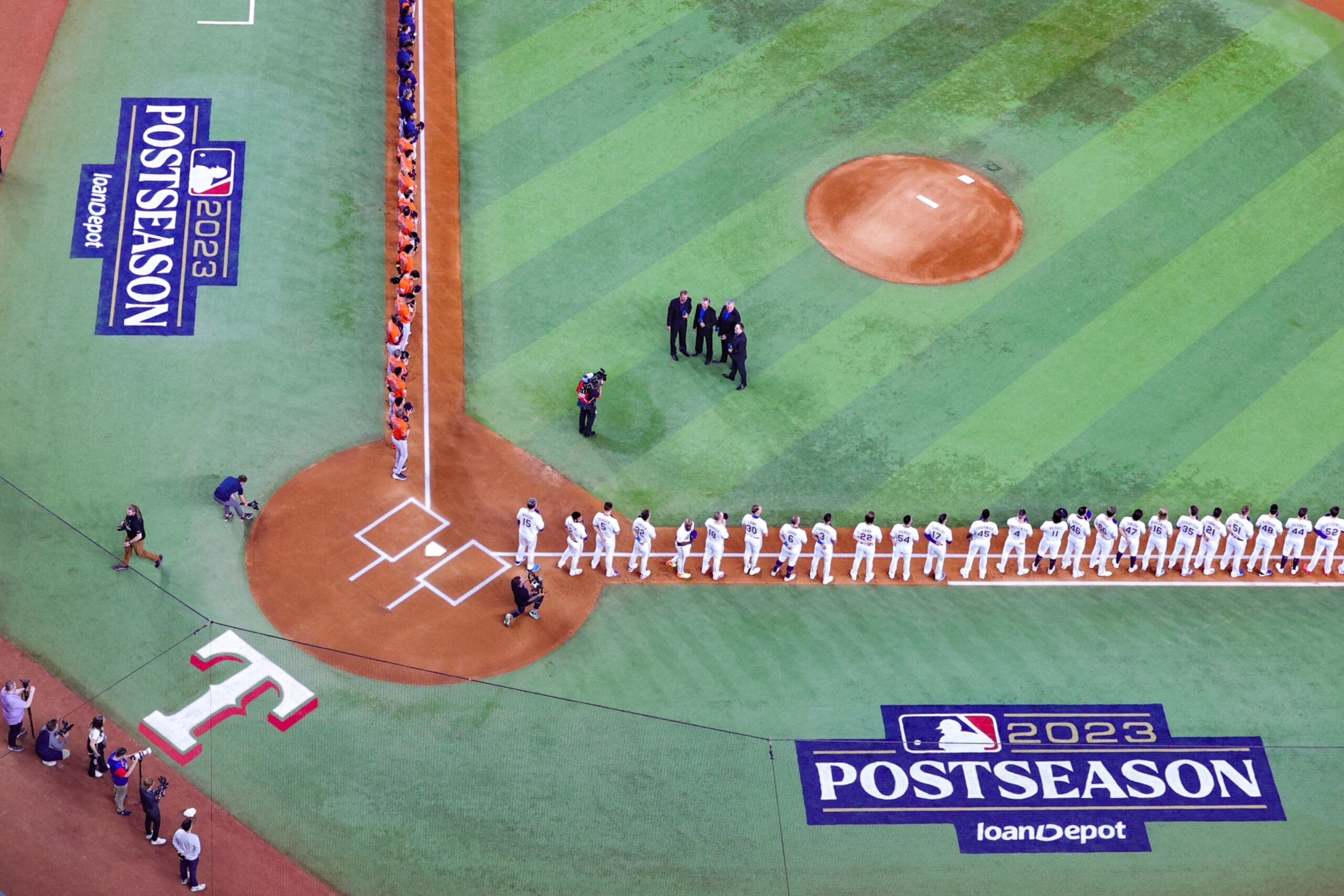 ARLINGTON, TEXAS - OCTOBER 18: The national anthem is sung prior to Game Three of the American League Championship Series between the Houston Astros and the Texas Rangers at Globe Life Field on October 18, 2023 in Arlington, Texas. (Photo by Carmen Mandato/Getty Images) ARLINGTON, TEXAS - OCTOBER 18: The national anthem is sung prior to Game Three of the American League Championship Series between the Houston Astros and the Texas Rangers at Globe Life Field on October 18, 2023 in Arlington, Texas. (Photo by Carmen Mandato/Getty Images)