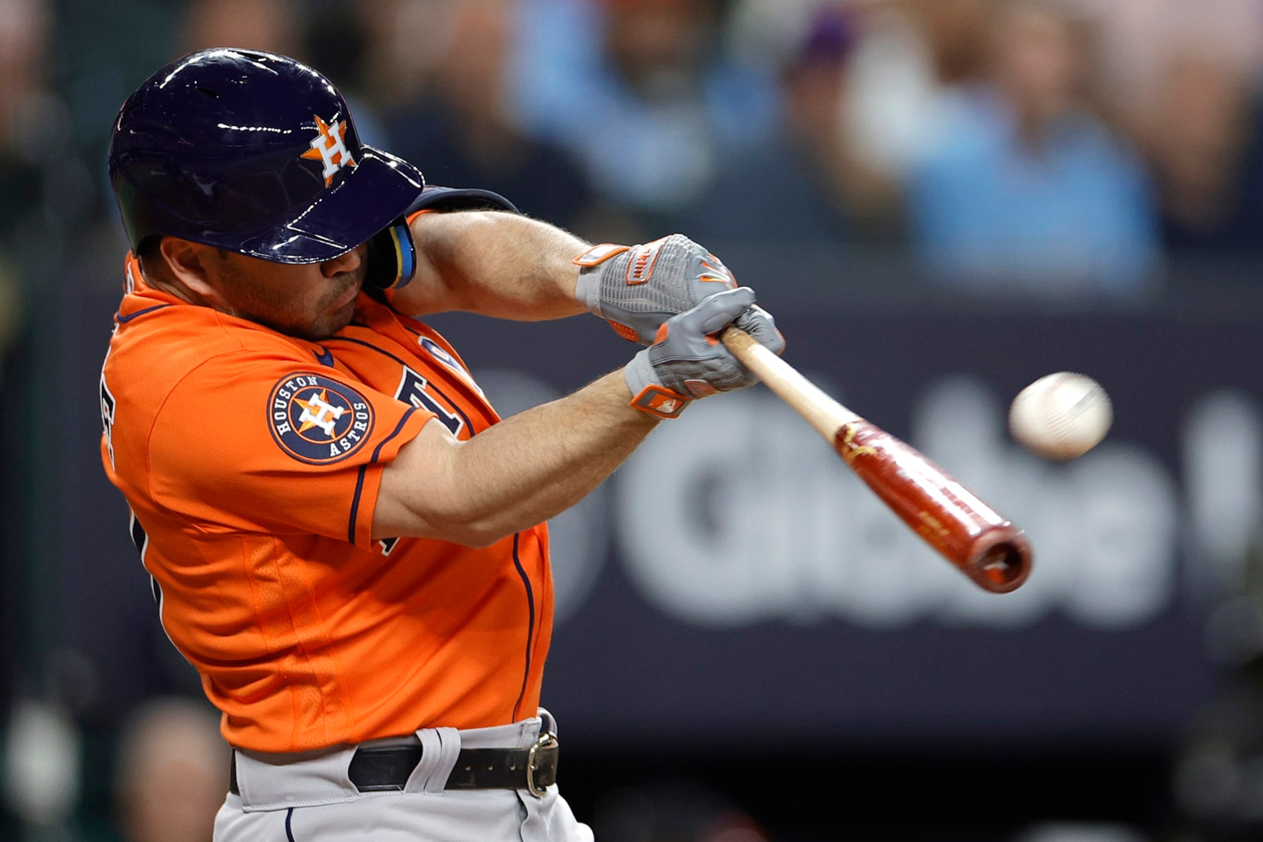 ARLINGTON, TEXAS - OCTOBER 18: Jose Altuve #27 of the Houston Astros hits a solo home run against Max Scherzer #31 of the Texas Rangers during the third inning in Game Three of the American League Championship Series at Globe Life Field on October 18, 2023 in Arlington, Texas. (Photo by Carmen Mandato/Getty Images) ARLINGTON, TEXAS - OCTOBER 18: Jose Altuve #27 of the Houston Astros hits a solo home run against Max Scherzer #31 of the Texas Rangers during the third inning in Game Three of the American League Championship Series at Globe Life Field on October 18, 2023 in Arlington, Texas. (Photo by Carmen Mandato/Getty Images)