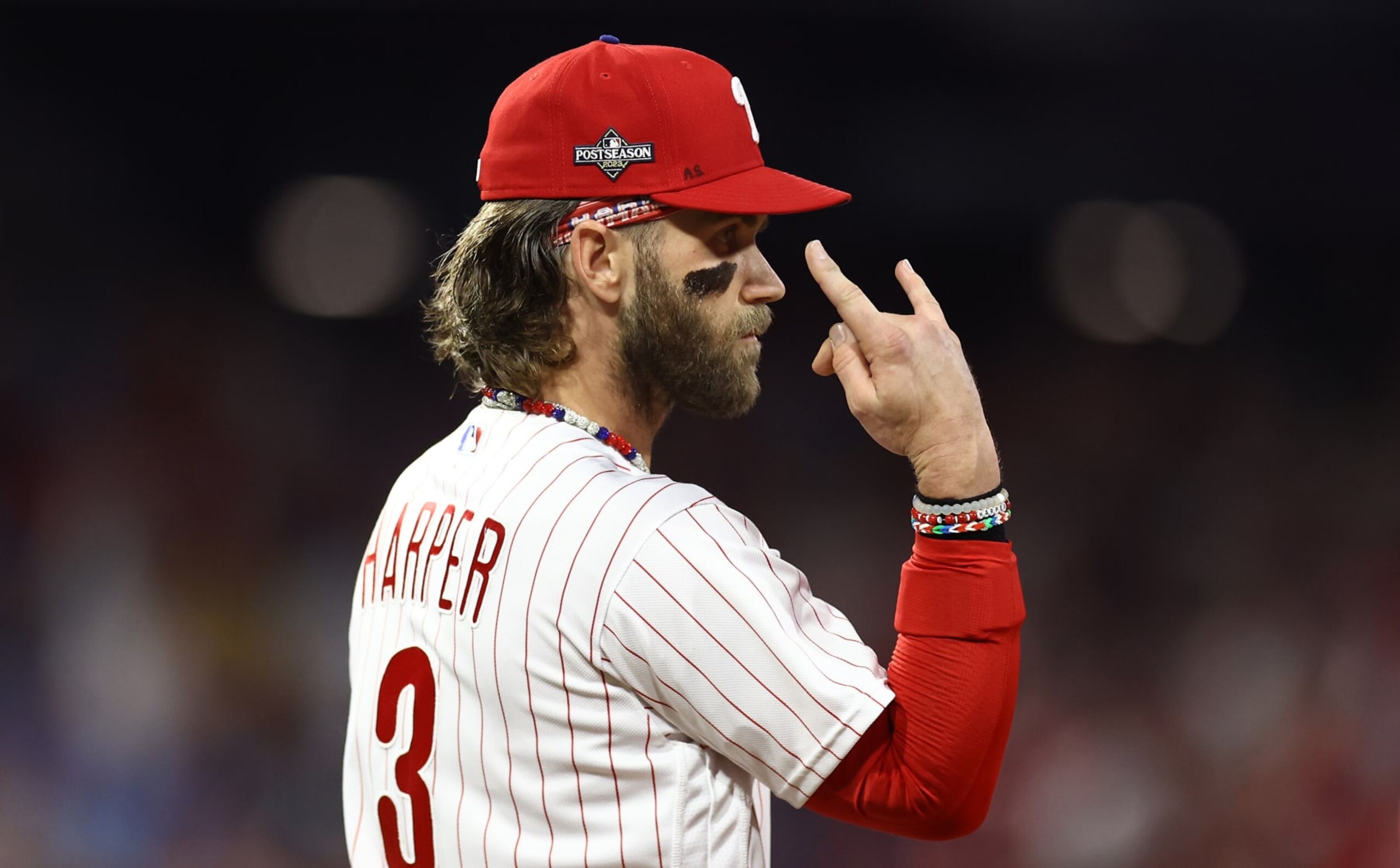 PHILADELPHIA, PENNSYLVANIA - OCTOBER 17: Bryce Harper #3 of the Philadelphia Phillies looks on in the first inning while playing the Arizona Diamondbacks during Game Two of the Championship Series at Citizens Bank Park on October 17, 2023 in Philadelphia, Pennsylvania. (Photo by Tim Nwachukwu/Getty Images) PHILADELPHIA, PENNSYLVANIA - OCTOBER 17: Bryce Harper #3 of the Philadelphia Phillies looks on in the first inning while playing the Arizona Diamondbacks during Game Two of the Championship Series at Citizens Bank Park on October 17, 2023 in Philadelphia, Pennsylvania. (Photo by Tim Nwachukwu/Getty Images)