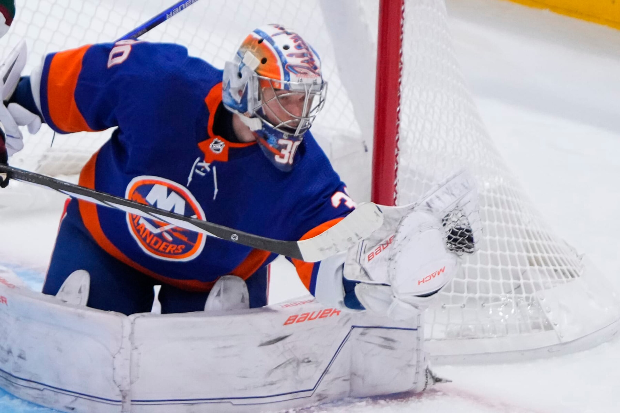 ELMONT, NY - OCTOBER 17: New York Islanders Goalie Ilya Sorokin (30) makes a glove save during the first period of the National Hockey League game between the Arizona Coyotes and the New York Islanders on October 17, 2023, at UBS Arena in Elmont, NY. (Photo by Gregory Fisher/Icon Sportswire via Getty Images) ELMONT, NY - OCTOBER 17: New York Islanders Goalie Ilya Sorokin (30) makes a glove save during the first period of the National Hockey League game between the Arizona Coyotes and the New York Islanders on October 17, 2023, at UBS Arena in Elmont, NY. (Photo by Gregory Fisher/Icon Sportswire via Getty Images)