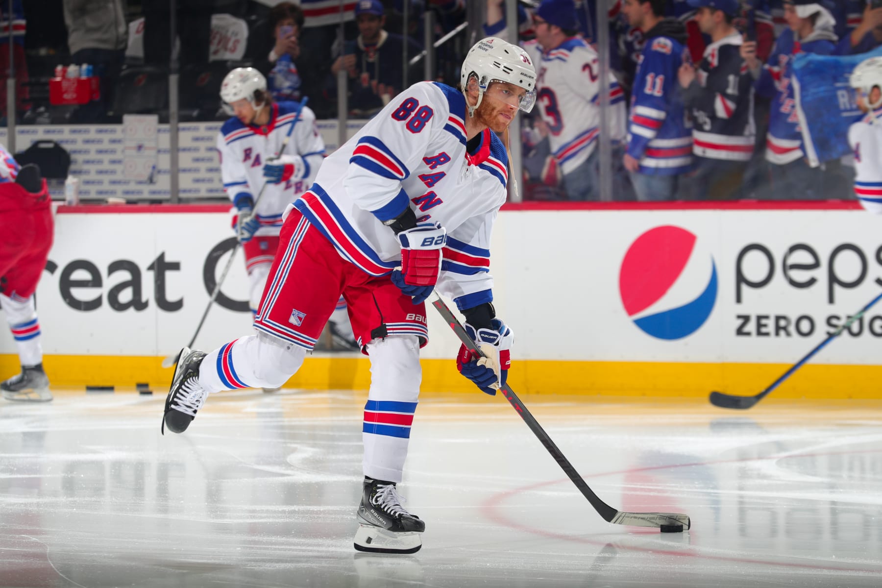 NEWARK, NJ - MAY 01:  Patrick Kane #88 of the New York Rangers during warm ups prior to Game Seven of the First Round of the 2023 Stanley Cup Playoffs at the Prudential Center on May 1, 2023 in Newark, New Jersey.  (Photo by Rich Graessle/NHLI via Getty Images)