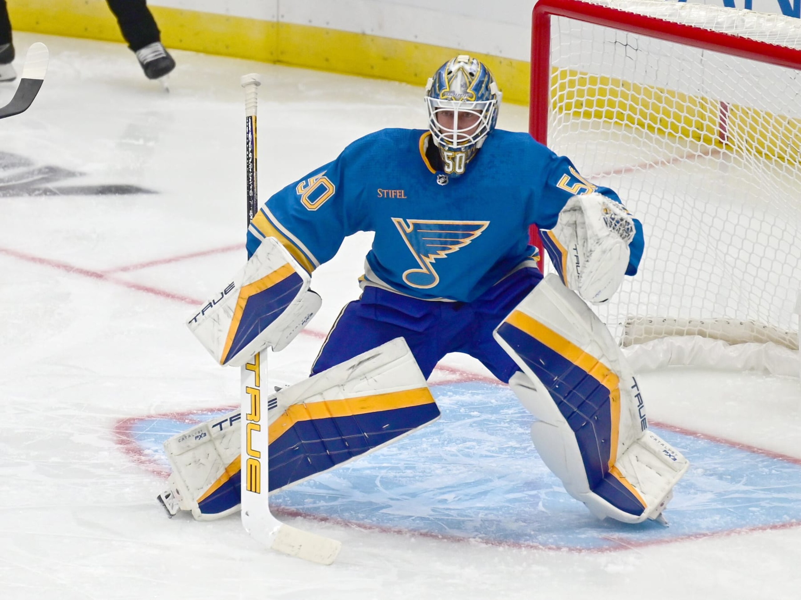 ST. LOUIS, MO - OCTOBER 14: St. Louis Blues goaltender Jordan Binnington (50) as seen during a NHL game between the Seattle Kraken and the St. Louis Blues on October 14, 2023, at Enterprise Center in St. Louis, Mo. (Photo by Keith Gillett/Icon Sportswire via Getty Images) ST. LOUIS, MO - OCTOBER 14: St. Louis Blues goaltender Jordan Binnington (50) as seen during a NHL game between the Seattle Kraken and the St. Louis Blues on October 14, 2023, at Enterprise Center in St. Louis, Mo. (Photo by Keith Gillett/Icon Sportswire via Getty Images)