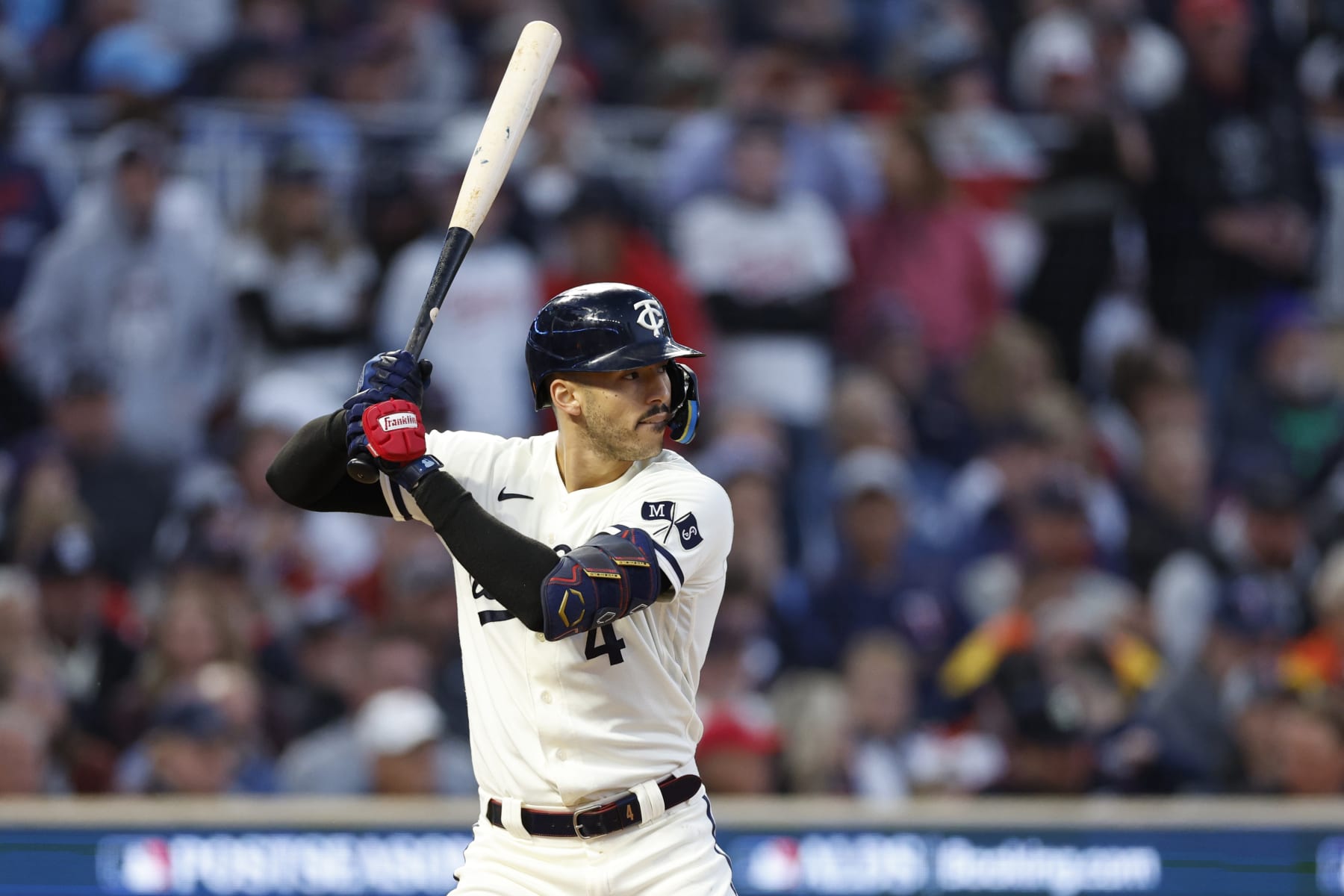MINNEAPOLIS, MINNESOTA - OCTOBER 11: Carlos Correa #4 of the Minnesota Twins bats against the Minnesota Twins during the second inning in Game Four of the Division Series at Target Field on October 11, 2023 in Minneapolis, Minnesota. (Photo by David Berding/Getty Images)