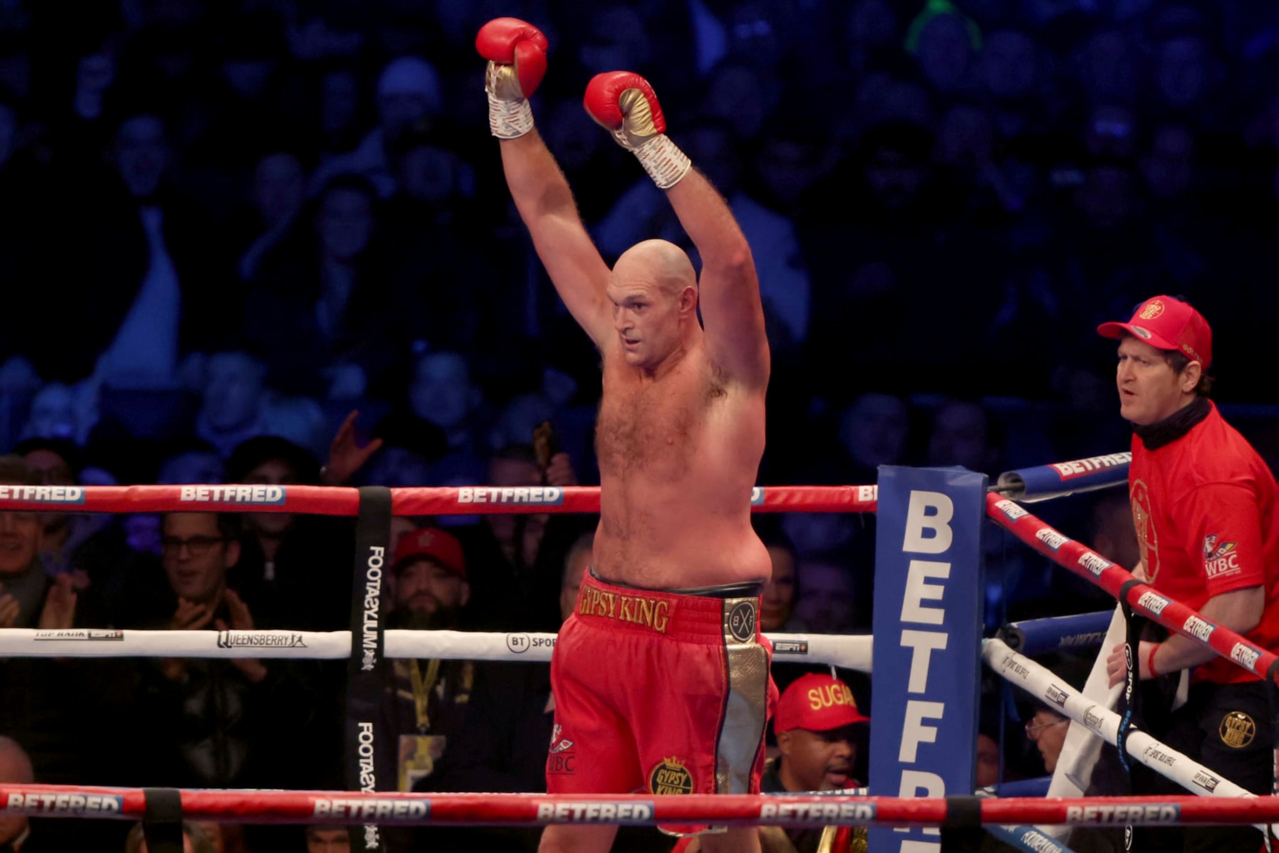 Tyson Fury, celebrates after defending his WBC heavyweight boxing championship against Derek Chisora at Tottenham Hotspur's White Hart Lane stadium London, Saturday Dec. 3, 2022. The fight was stopped by the referee in round 10. (AP Photo/Ian Walton)