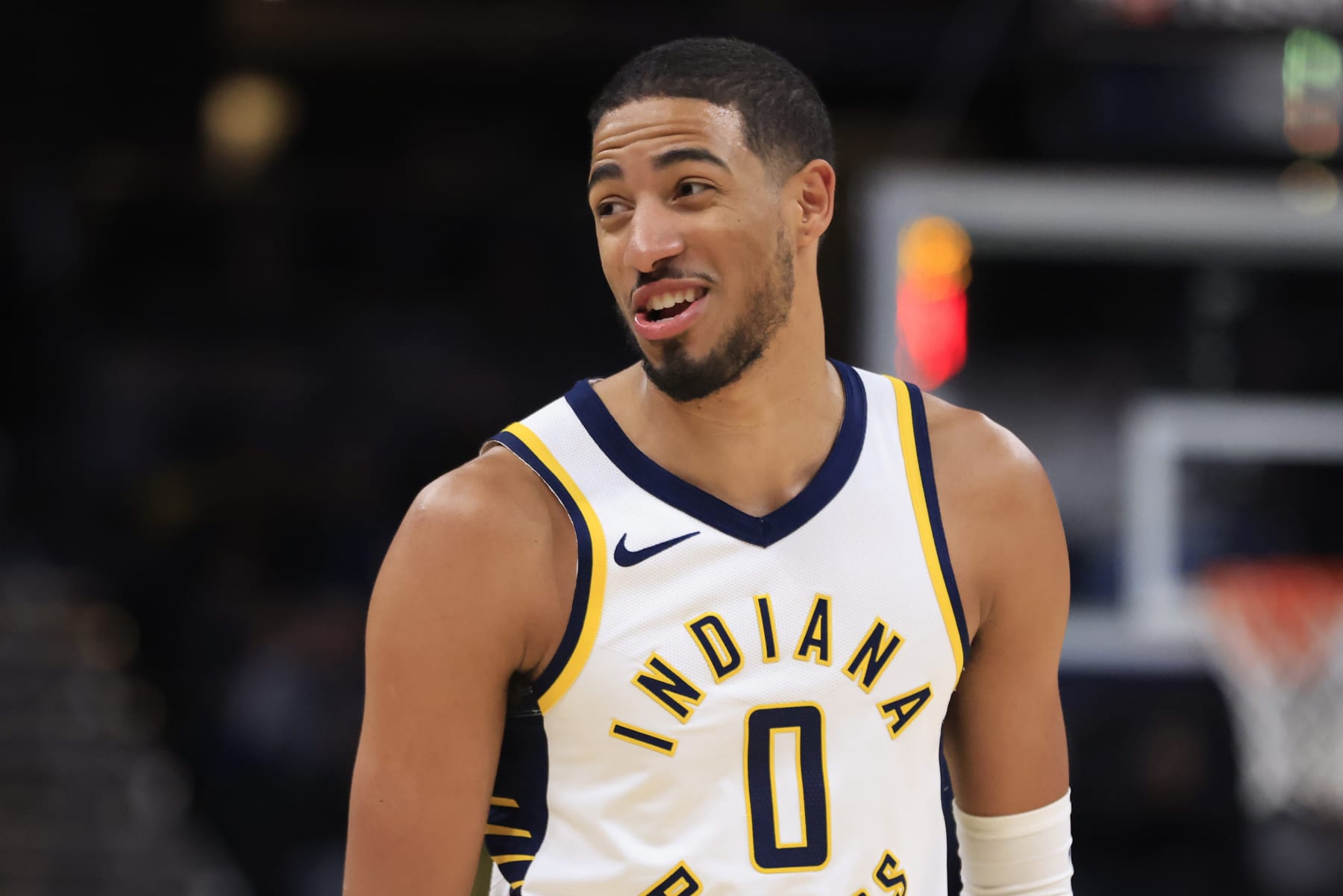 INDIANAPOLIS, INDIANA - OCTOBER 16: Tyrese Haliburton #0 of the Indiana Pacers reacts in the game against the Atlanta Hawks at Gainbridge Fieldhouse on October 16, 2023 in Indianapolis, Indiana. NOTE TO USER: User expressly acknowledges and agrees that, by downloading and or using this photograph, User is consenting to the terms and conditions of the Getty Images License Agreement. (Photo by Justin Casterline/Getty Images)