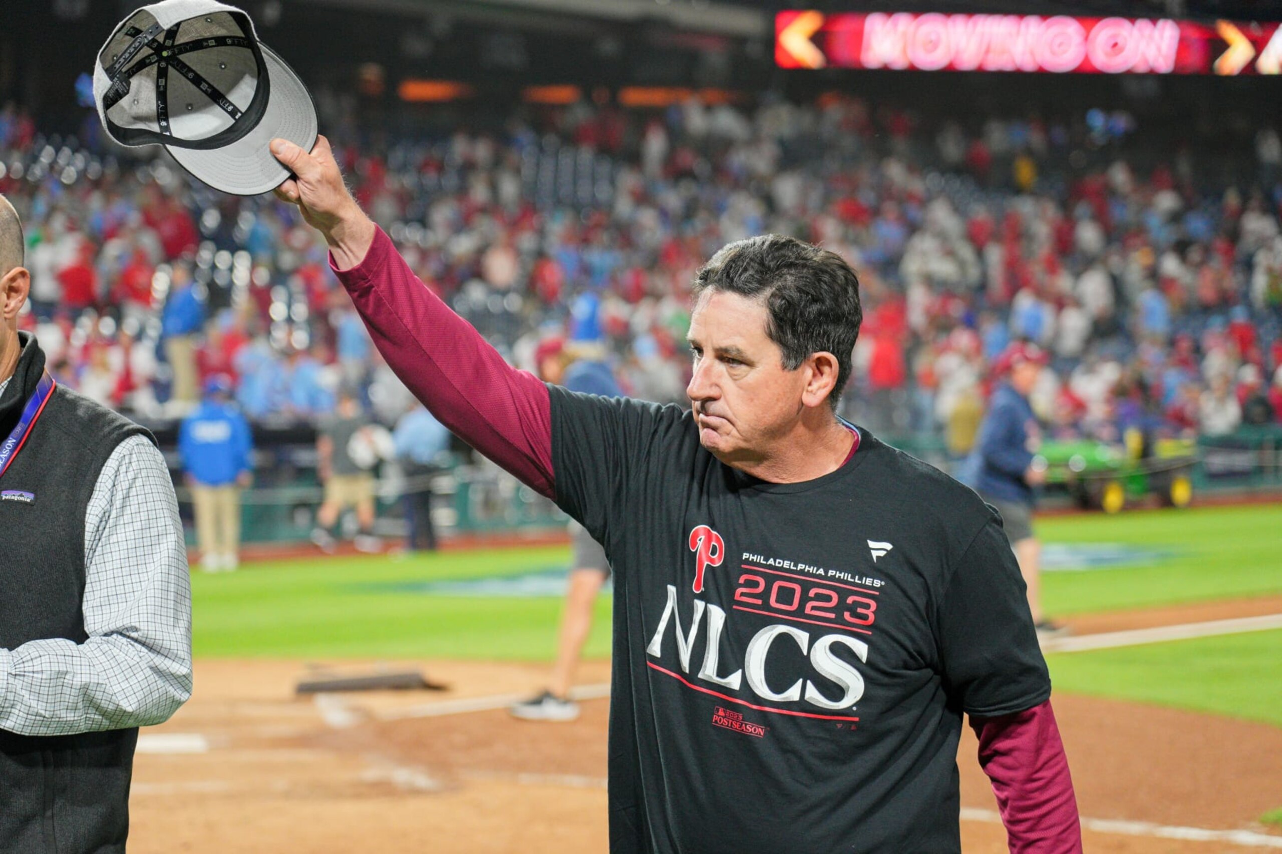PHILADELPHIA, PA - OCTOBER 12: Philadelphia Phillies manager Rob Thompson celebrates winning game four of the NLDS game between the Atlanta Braves and the Philadelphia Phillies on October 12, 2023, at Citizens Bank Park. (Photo by Andy Lewis/Icon Sportswire via Getty Images)