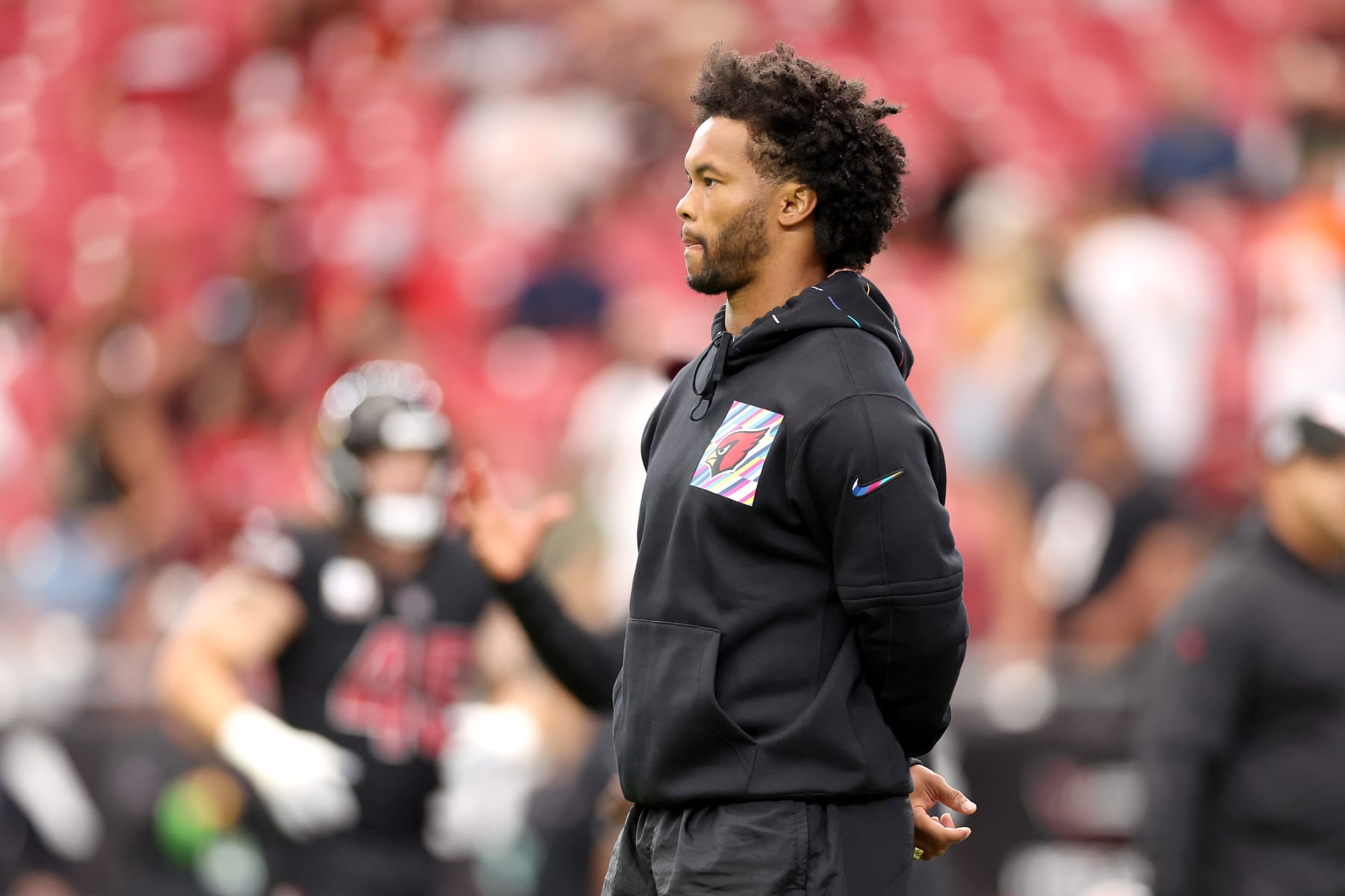 GLENDALE, ARIZONA - OCTOBER 08: Kyler Murray #1 of the Arizona Cardinals looks on prior to the game against the Cincinnati Bengals at State Farm Stadium on October 08, 2023 in Glendale, Arizona. (Photo by Christian Petersen/Getty Images)