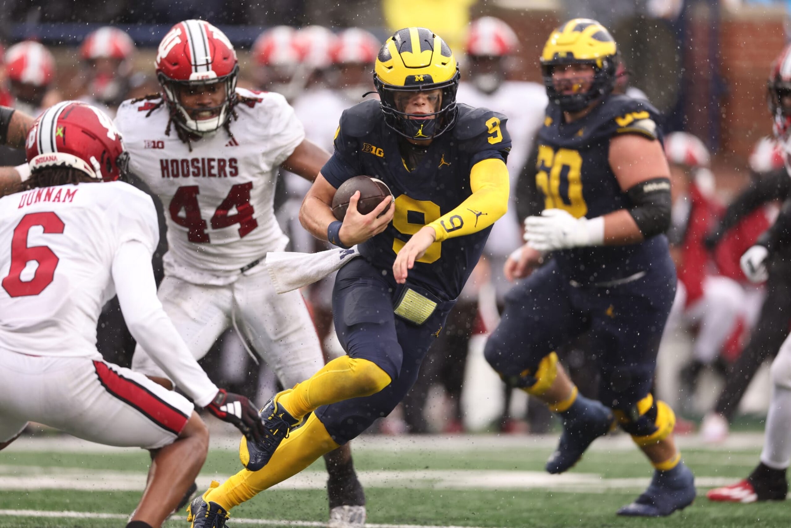 ANN ARBOR, MICHIGAN - OCTOBER 14: J.J. McCarthy #9 of the Michigan Wolverines plays against the Indiana Hoosiers at Michigan Stadium on October 14, 2023 in Ann Arbor, Michigan. (Photo by Gregory Shamus/Getty Images)