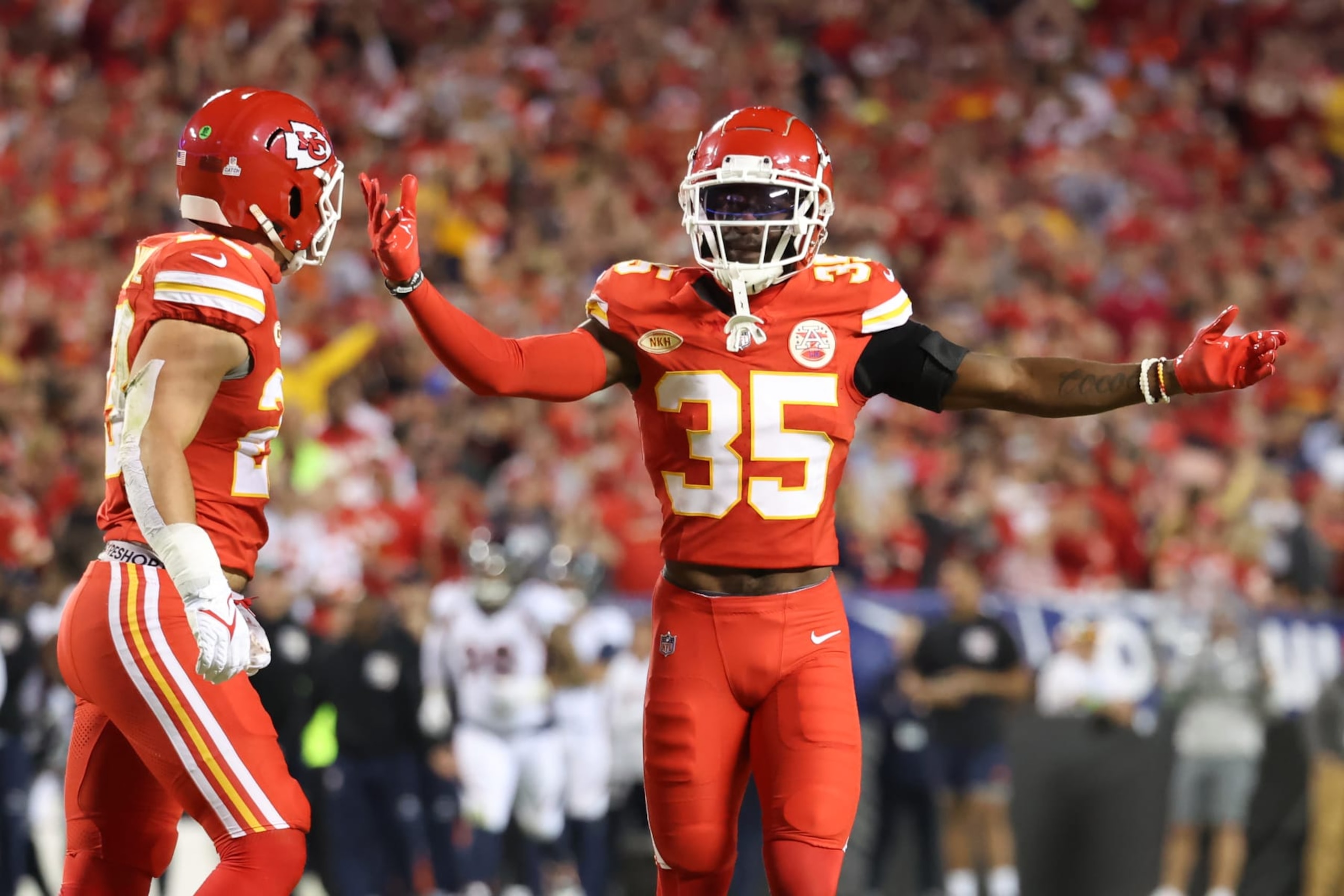 KANSAS CITY, MO - OCTOBER 12: Kansas City Chiefs cornerback Jaylen Watson (35) celebrates a turnover during an AFC West matchup between the Denver Broncos and Kansas City Chiefs on Oct 12, 2023 at GEHA Field at Arrowhead Stadium in Kansas City, MO.  (Photo by Scott Winters/Icon Sportswire via Getty Images)